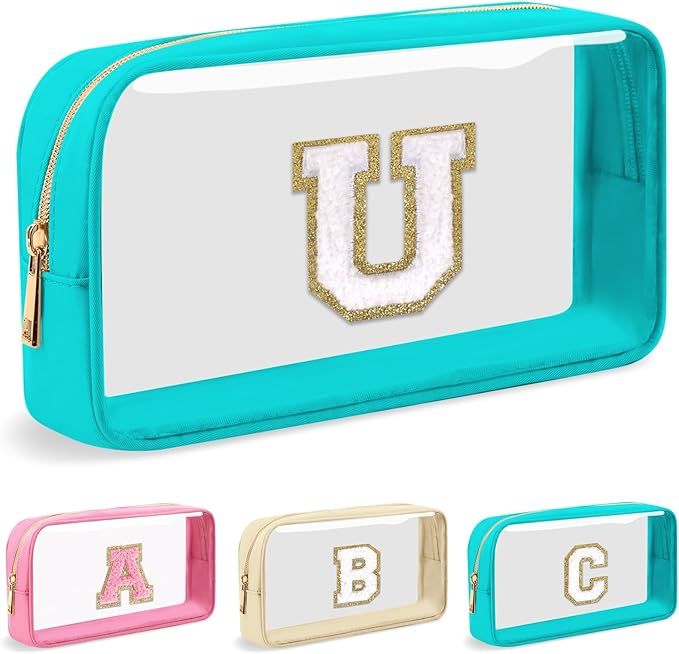 Personalized Initial Letter Clear Makeup Bag,Preppy Small Nylon&PVC Cosmetic Zipper Bag with Chenille Letter,Portable Beach Travel Skincare Toiletry Bag,Trendy Monogram Gift for Teen Girls Women,U