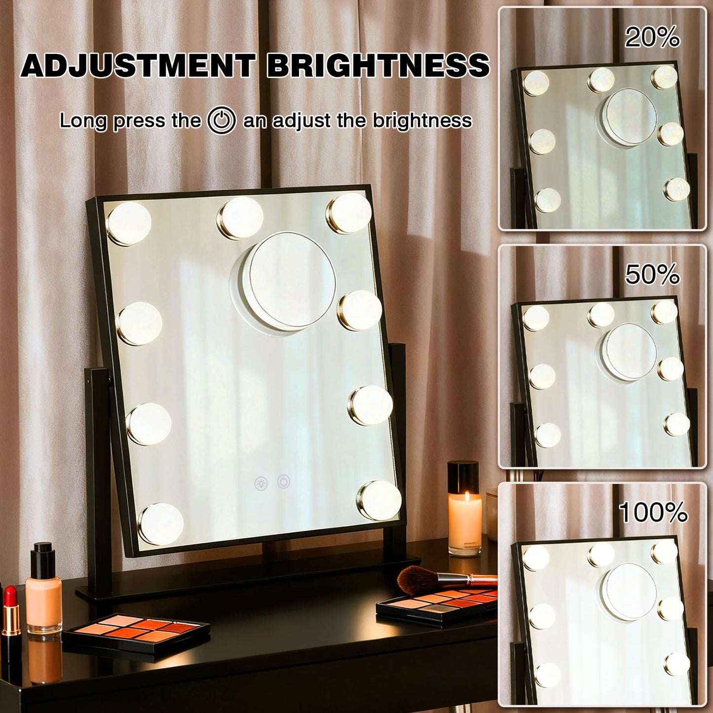 Vanity Mirror with Lights, Lighted Vanity Mirror with 9 Dimmable Bulbs for Dressing Room & Bedroom, 3 Color Lighting Modes, Detachable 10x Magnification 360°Ratation (Black)