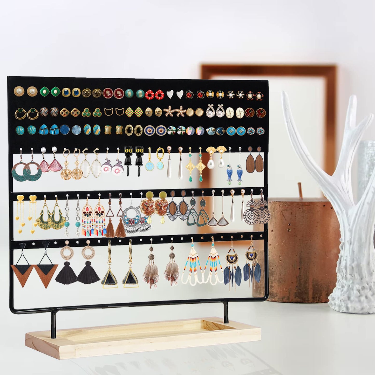 GPUSFAK Earring Holder Organizer Stand - Earrings Display Rack 145 Holes Jewelry Holder Tower with Wooden Tray for Earrings Rings Black