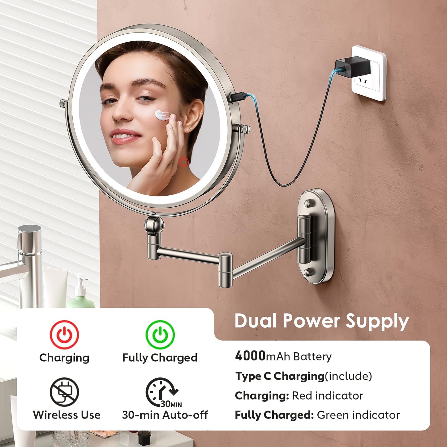 ZLOKLA 9" Wall Mounted Lighted Makeup Mirror,4000mAh Rechargeable Double Sided 1X/30X Magnifying Mirror with Light,Touch Dimmable,Extended Arm 360 Rotation Wall Mounted Makeup Mirror 3 Color Lights-N
