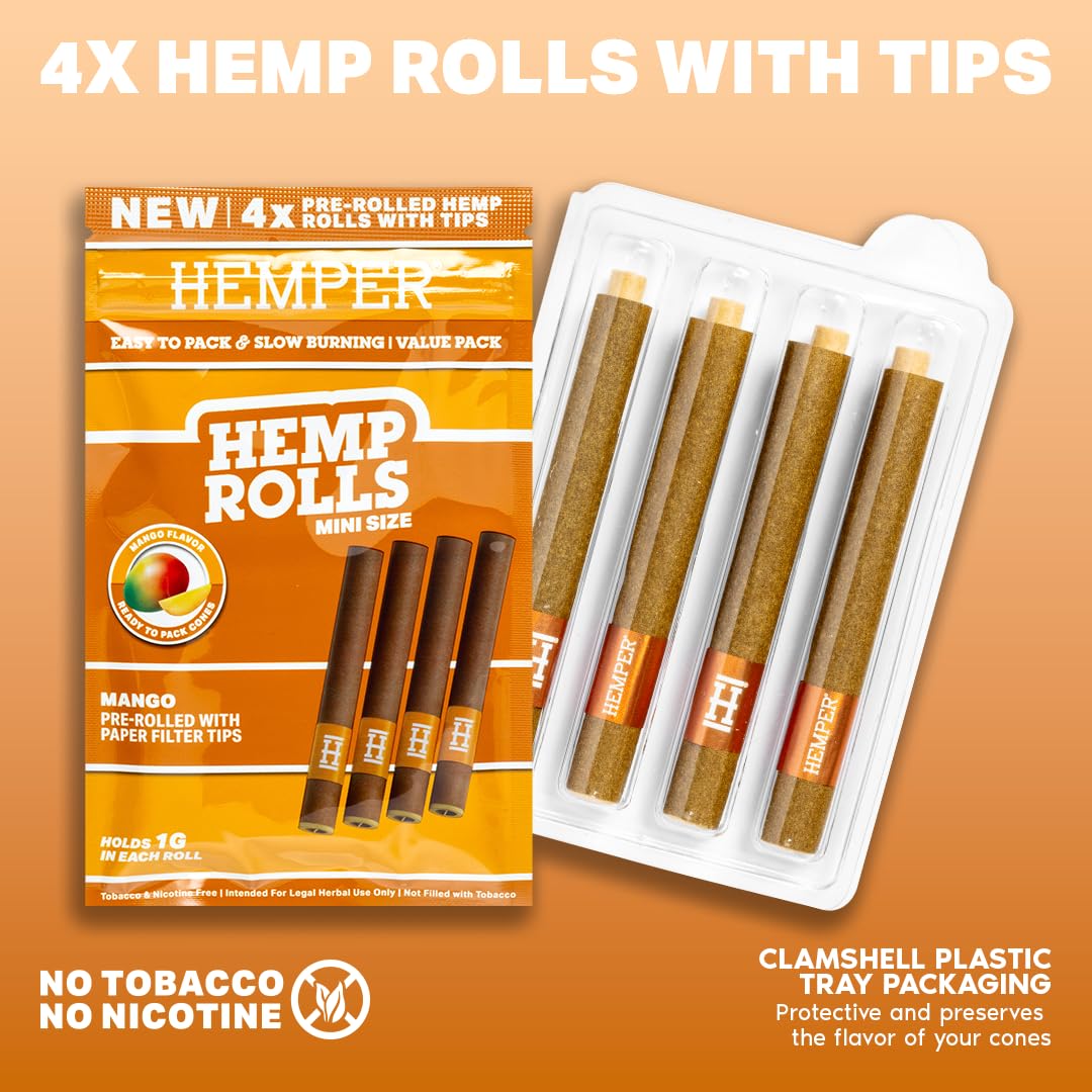 Hemper Mini Size Pre-Rolled Hemp Rolls with Paper Tips - 4PK | 12ct Display | Hand-Rolled, Natural Hemp Paper Rolls in Protective Case for Smooth, Clean Burn and Freshness - (Mango)