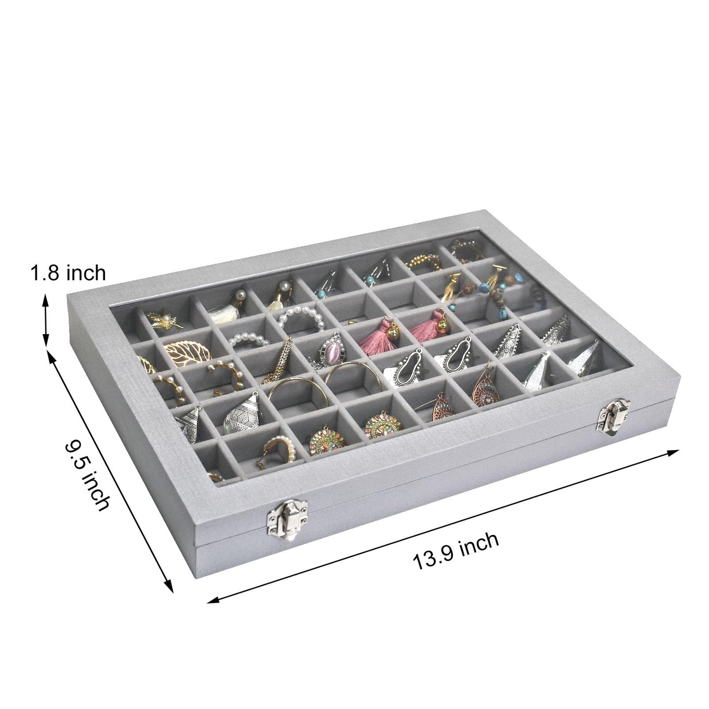Siveit Jewelry Tray Organizer Box 48 Grid Jewelry Display Organizer Box with Transparent Lid Rings Earrings Necklaces Pendants Display Box Suitable for Women and Girls (48 Grid, Silver Grey)