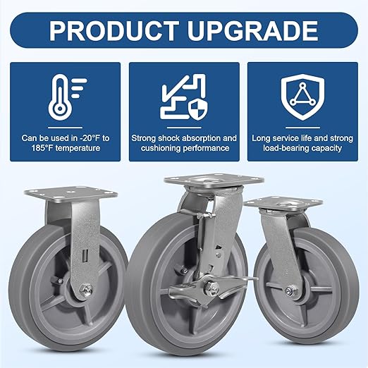 8 Inch Rubber Wheels (Flat Tread)- Heavy Duty Casters, Industrial Caster Wheels- with up to 1200 LB Capacity- Use for Dollies, Utility and Maintenance Carts(1 Brake)