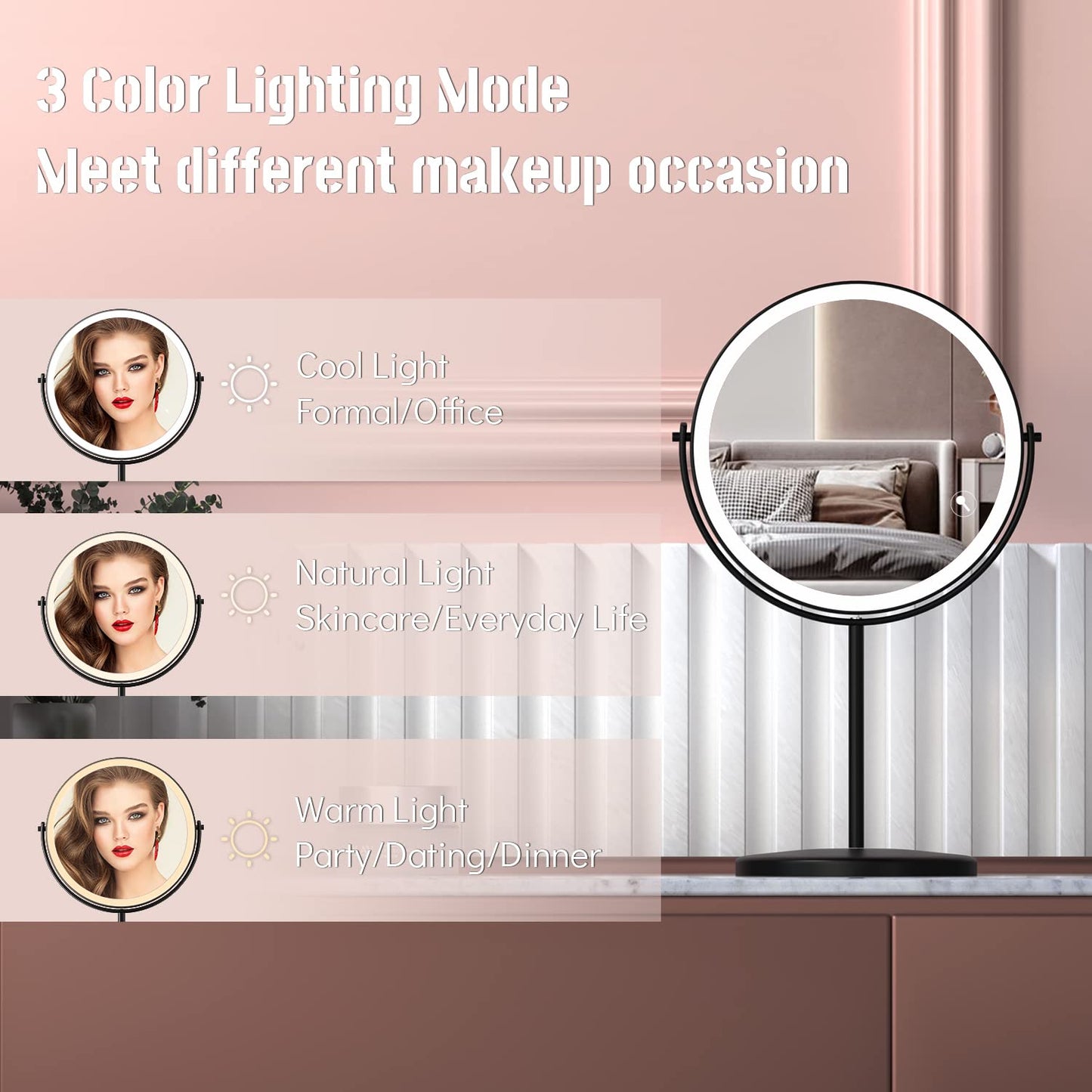 WIZCHARK 8” Lighted Makeup Mirror, 1X 10X Magnifying Mirror with Light, Double Sided Vanity Mirror with Lights, 3 Color LED Dimmable 2000mAh Rechargeable Black