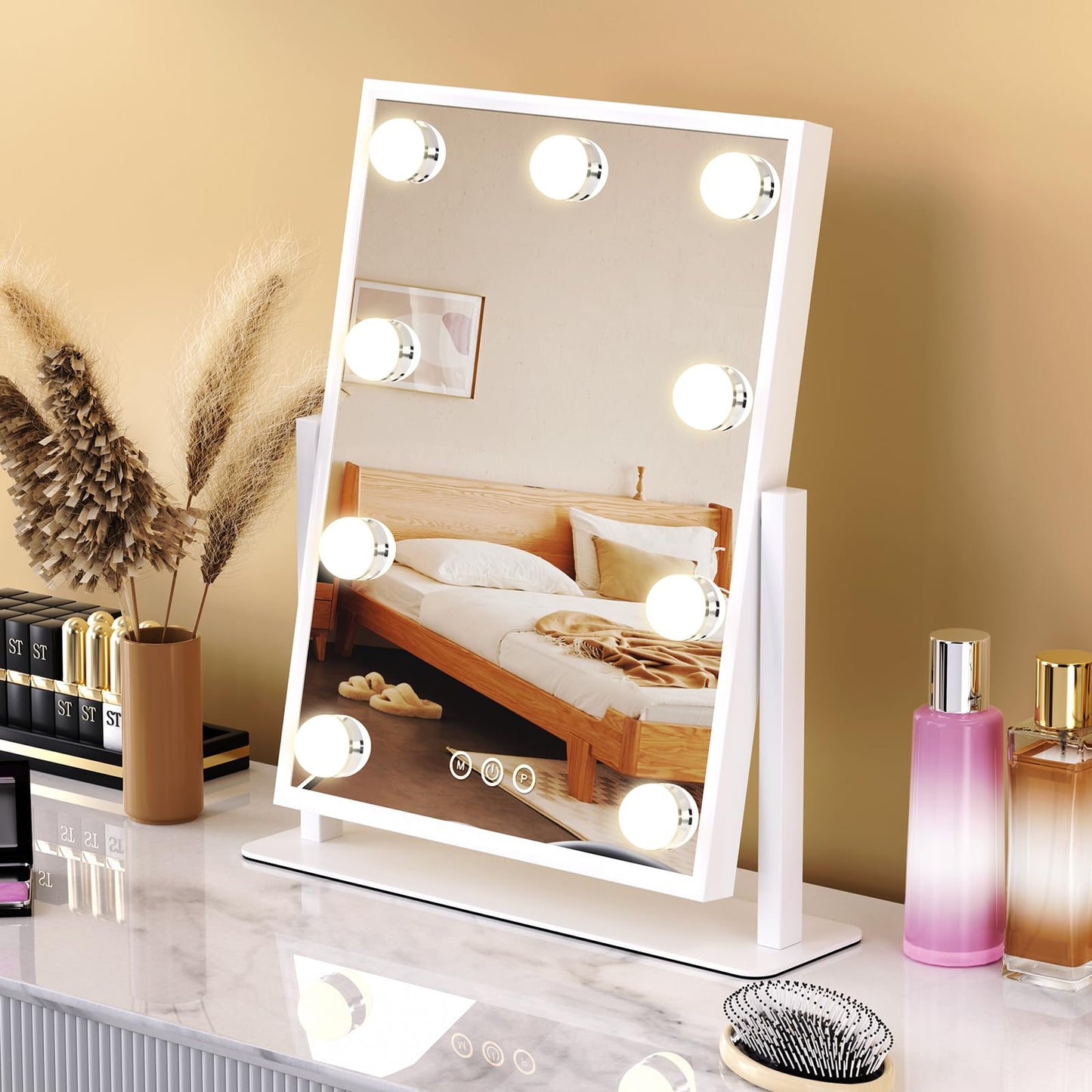 Dirket Vanity Mirror with Lights, Lighted Makeup Mirror Hollywood Makeup Mirror with 9 Dimmable Bulbs and 3 Color Lighting Modes, Smart Touch Control, 360°Rotation