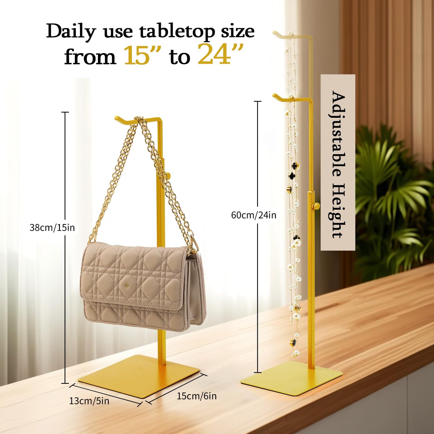 KMtilsh Purse Holder, Adjustable Purse Display Stand , Golden Handbag Display Stand, Hanger Rack for Bags, Suitable for Desktops, Wardrobes and Commercial Storeshook Stand