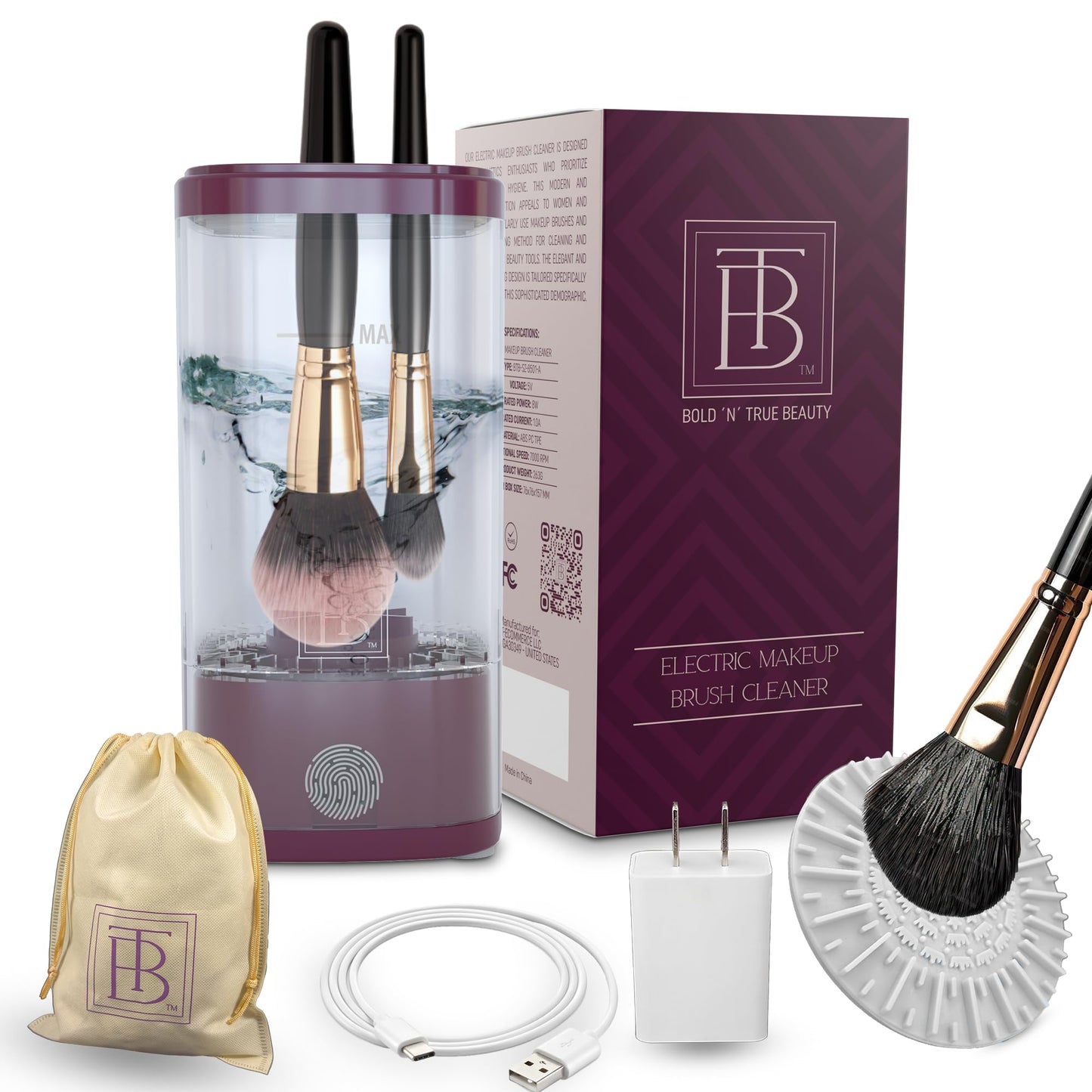 BOLD’N’TRUE BEAUTY Electric Makeup Brush Cleaner Set – Automatic USB-C Deep Cleaning Machine with Rubber Pad, Plug & Gift Bag | Portable Makeup Brush Washer, Perfect Beauty Gift for Her
