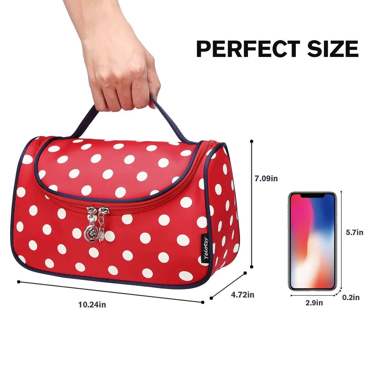 Yeiotsy Travel Cosmetic Bag for Women – Polka Dot Makeup Bag Organizer & Hanging Toiletry Bag (Classic Red)