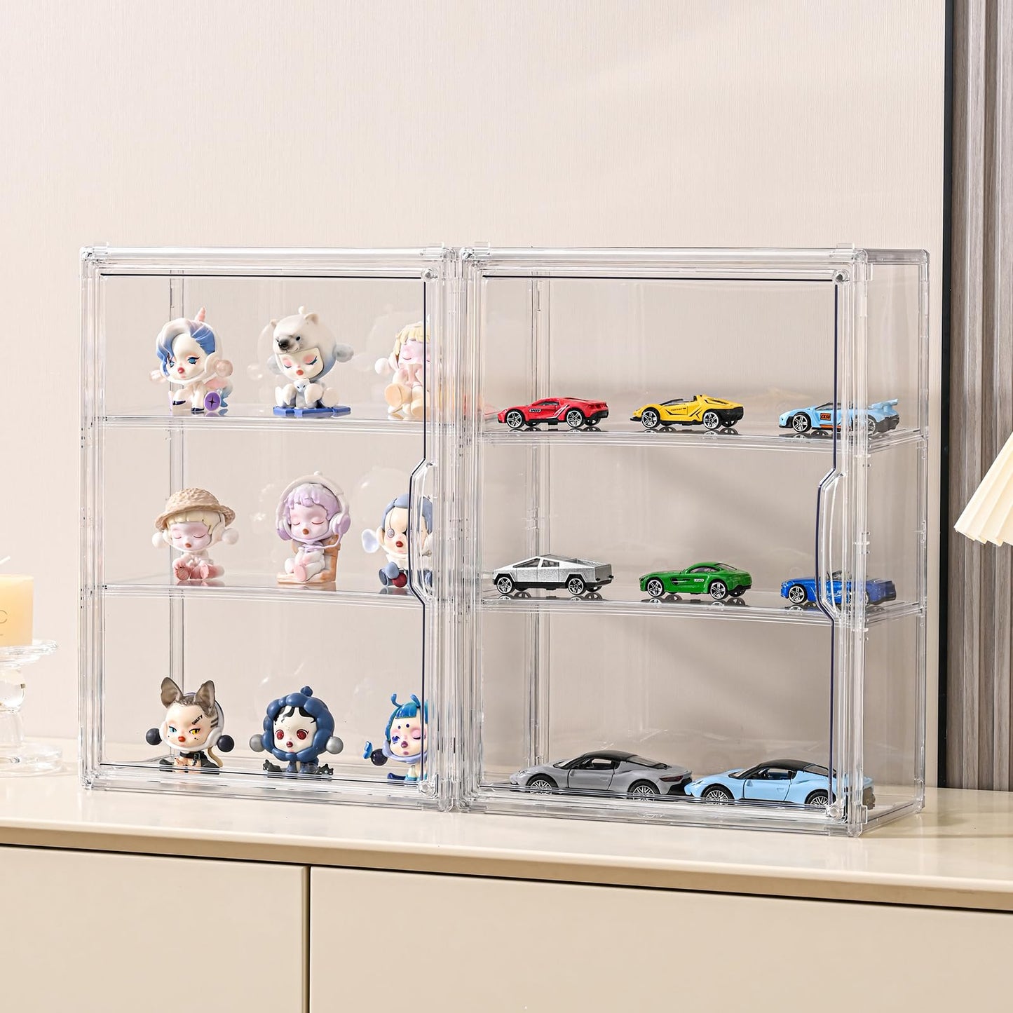 VGLXTRNT 3 Tier Clear Display Case for Figures, Wall-Mounted Acrylic Storage Organizer Box, Stackable Display Cabinet with Magnetic Door & Removable Shelves, Showcase for Collectibles, Figures