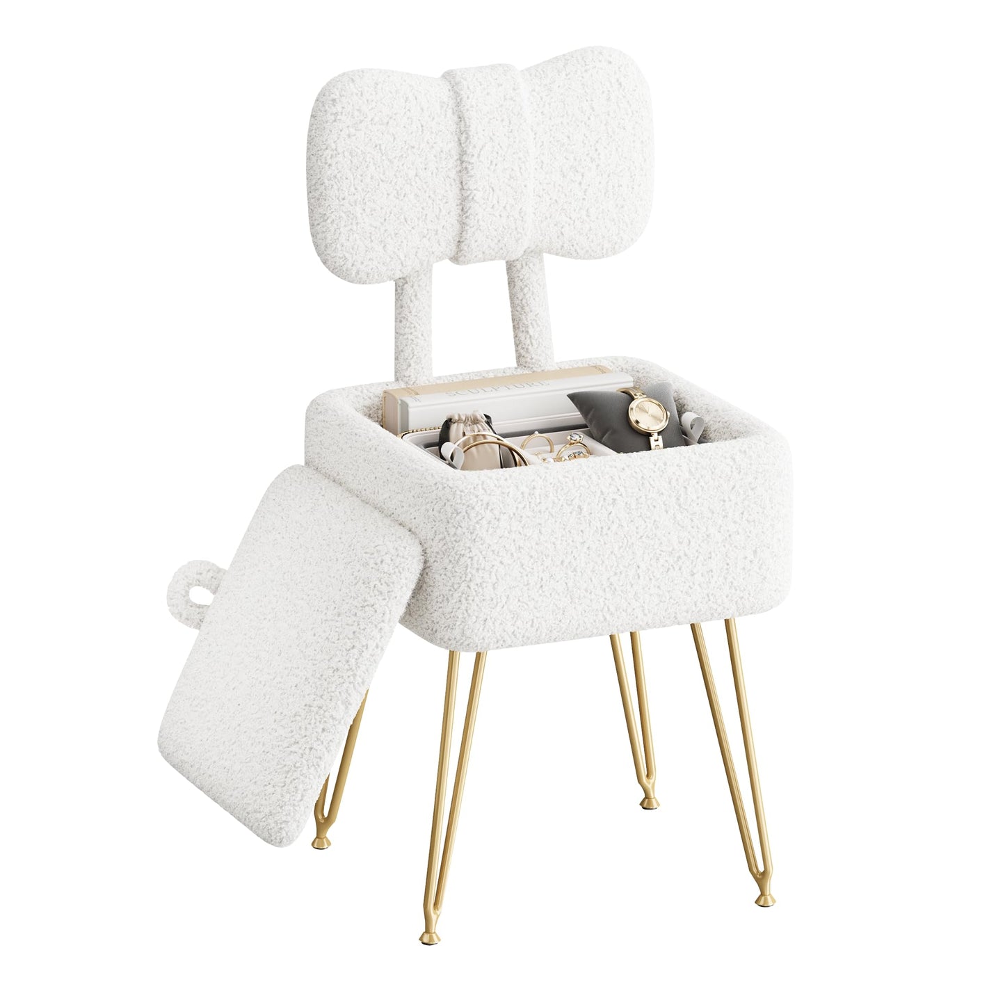 SENGALOTI Small Vanity Stool Chair with Storage and Foldable Back, White