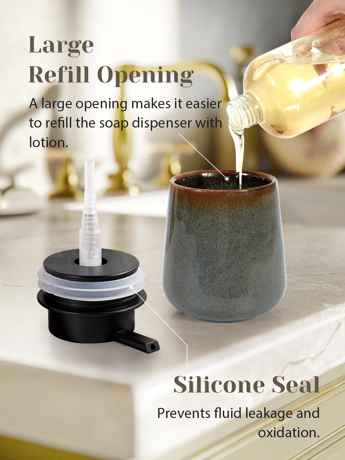 INGOFIN Ceramic Lotion Dispenser - 12 oz Refillable Hand Soap Dispenser Bathroom, Modern Liquid Dispenser with Pump, Dish Soap Dispenser for Kitchen,Kiln-Glazed Green