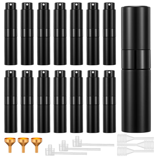 xozeooeu 15 Pack 8ML Travel Perfume Atomizer Refillable Bottles, Black Leak-Proof Cologne Sprayer with Funnels & Tools, Portable Perfume Dispenser for Women & Men
