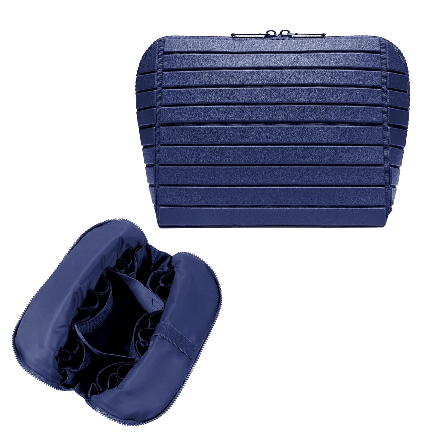 Travel Makeup Organizer Bag with Fold-Down Design and Adjustable Dividers, 27 Pockets & 3 Brush Storage Holders, Large Capacity Cosmetic Bags Toiletry Case - Navy Blue