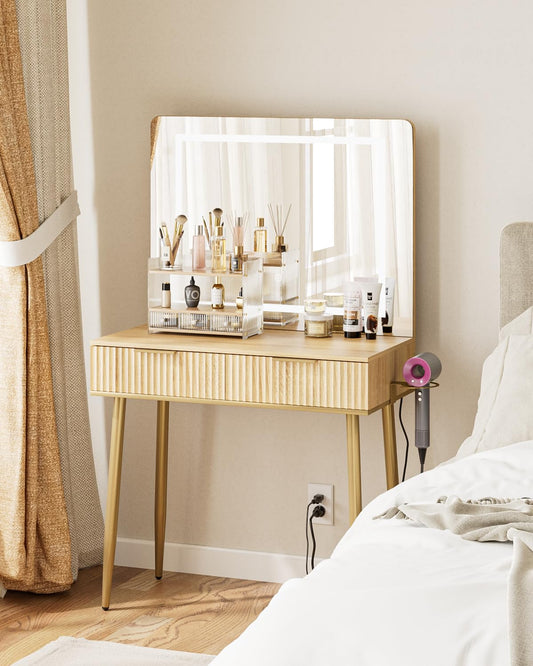 Apetaccat Vanity Desk with Large Mirror and Lights, Small Makeup Vanity Table with 2 Drawers, Dressing Table with 3 Adjustable Lighting Color, Small Makeup Desk for Bedroom, Natural with Gold Leg