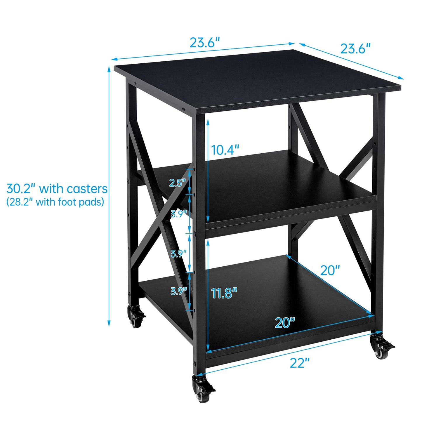Fannova 23.6 x 23.6 Inches Large Printer Stand, Square Printer Table with Height Adjustable Storage Shelf, Rolling Printer Cart with Industrial Wheels for Home Office - Black