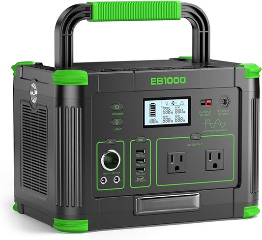 Portable Power Station 1000W, 999Wh Solar Generator, 110V Pure Sine Wave AC Outlets, 60W USB-C PD Fast Charging, 10 Ports for Outdoor Camping RV Van Home Backup Emergency Off-Grid Living（2000W Peak）