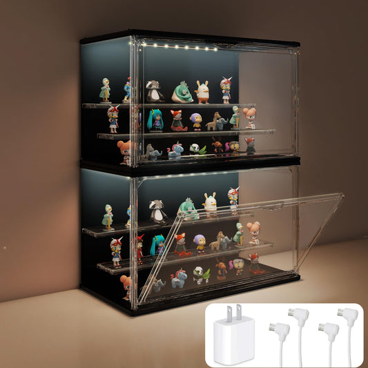 VERSSURE 2PCS Clear Display Case for Collectibles, 3-Tier Adjustable Display Case with Led Light,Stackable Storage Bins with Magnetic Door for Jewelry (Black)