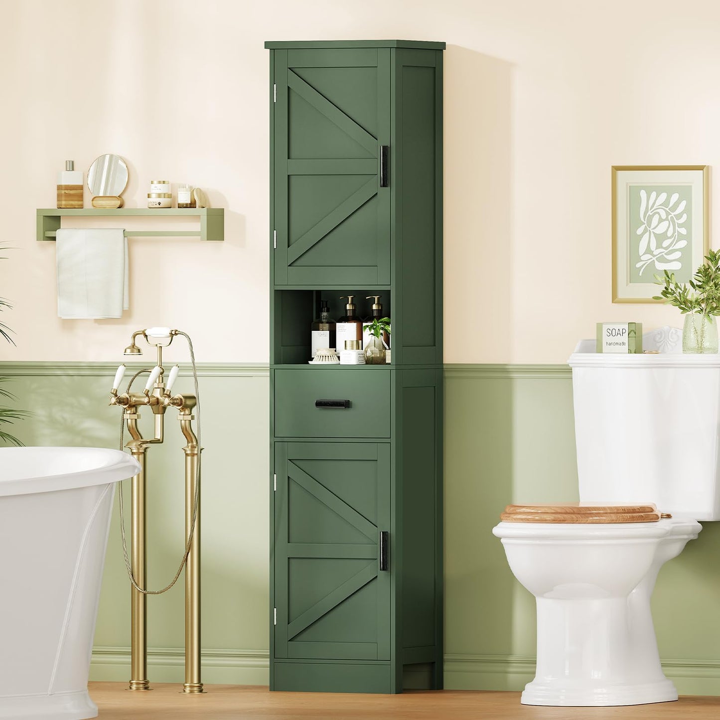 TEENFON 67" H Tall Bathroom Storage Cabinet with Barn Doors and Drawer, Narrow Bathroom Cabinet, Narrow Storage Unit, Adjustable Shelves, Floor Cabinets for Living Room, Forest Green