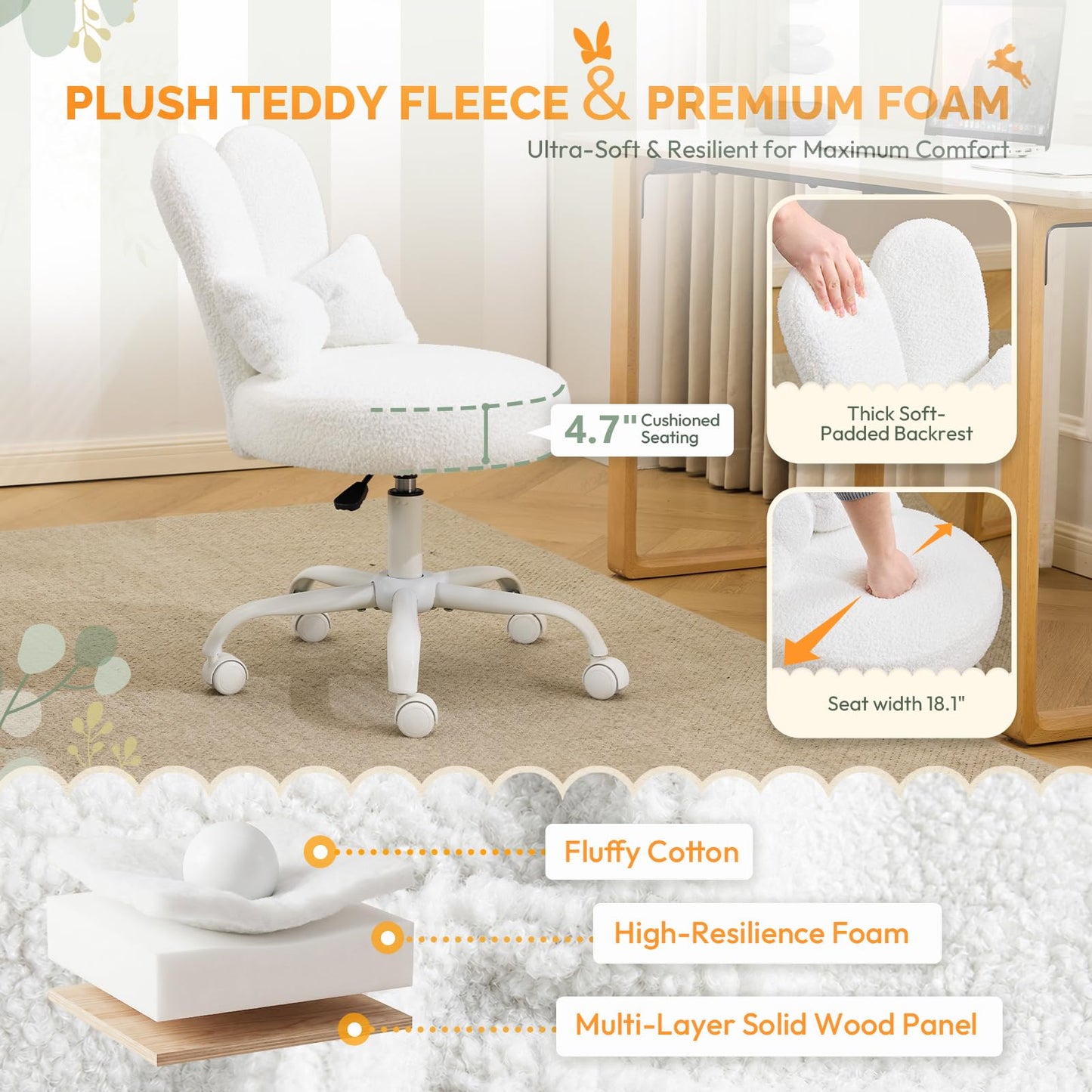 VINGLI Playful Rabbit Ear Swivel White Vanity Desk Chair with wheels&Bow Pillow,Cute Comfy Small Armless Adjustable Rolling Stool for Bedroom/Home Office,for Kids,Teens,Girls,Women,Adults,Teddy Fleece