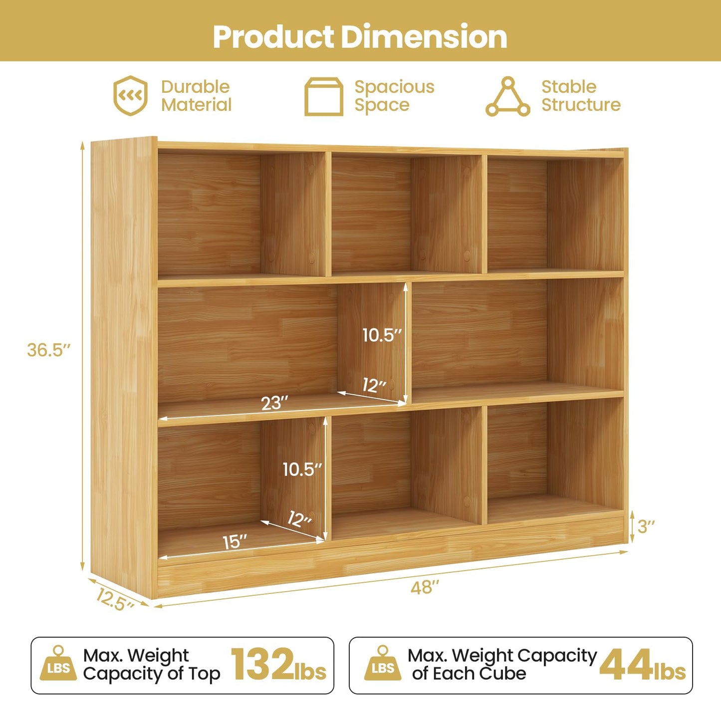 Tangkula 8-Cube Bookcase, Wood 3 Tier Open Storage Bookshelf, Modern Multipurpose Display Cabinet for Living Room, Study, Reading Nook, 48 x 12.5 x 36.5 Inch, Burlywood