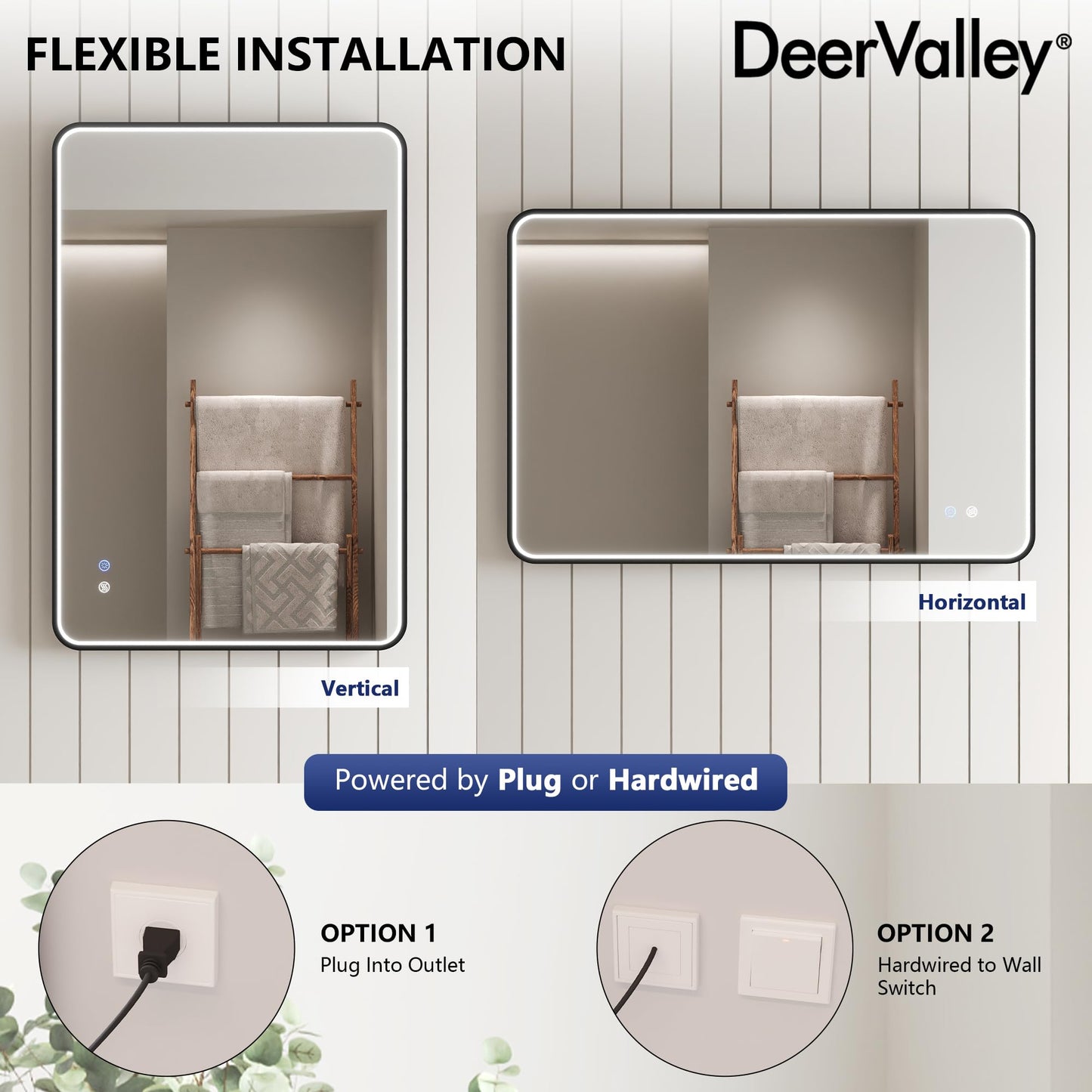 DeerValley 24"x 36" LED Bathroom Vanity Mirror, Wall Mounted Lighted Mirrors with Black Metal Frame, Anti-Fog, Memory Funtion, Stepless Dimmable Wall-Mounted Led Mirror for Bathroom