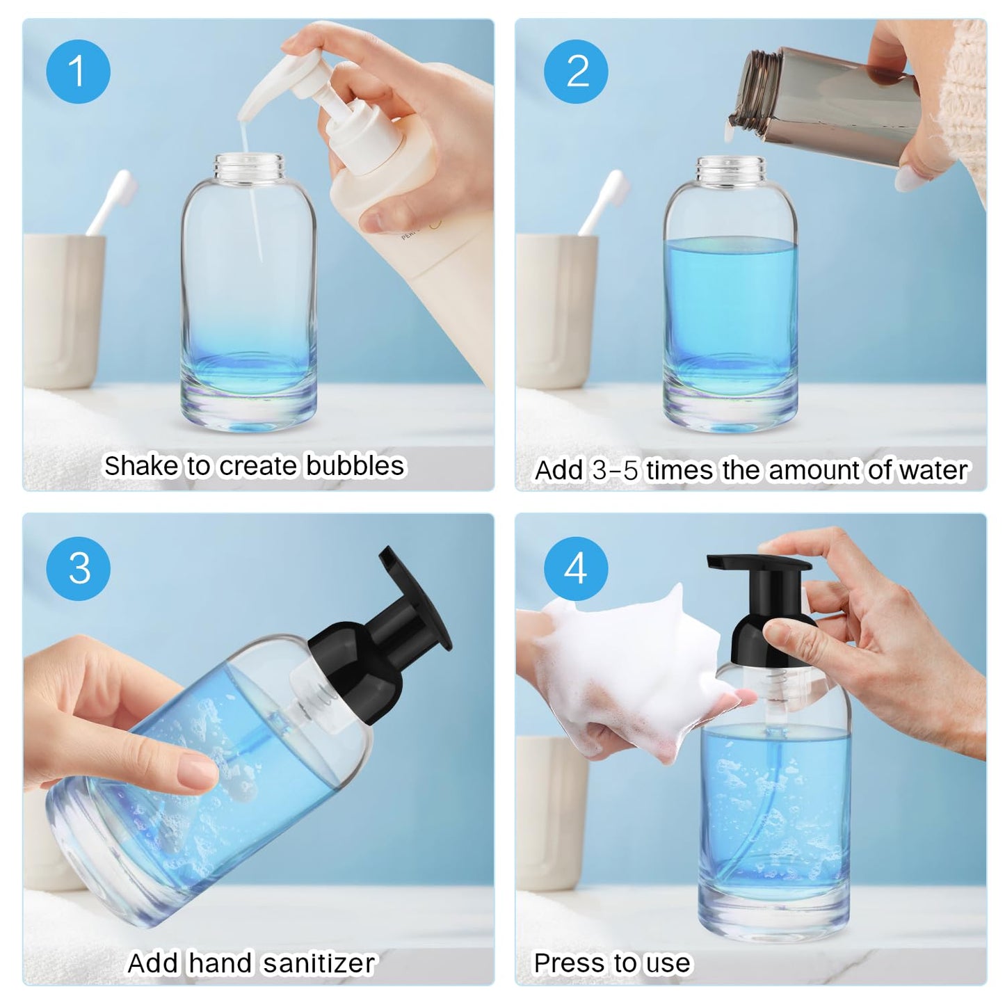 DynnnDy 350ml 2Pcs Premium Glass Foam Pump Bottles Travel Foaming Dispenser for Body Wash,Shampoo,Toiletries,Dish Liquid Soap