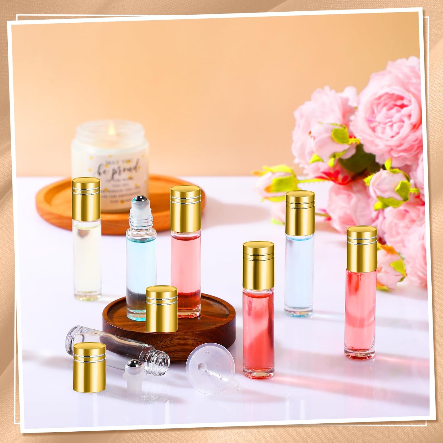 SEEWEY 96 Pcs Essential Oil Roller Bottles 10ml Empty Glass Roller Bottles with Stainless Steel Balls Protection Leakproof with 5 Funnel for Travel Perfume Lip Gloss(Clear, Gold Lid)