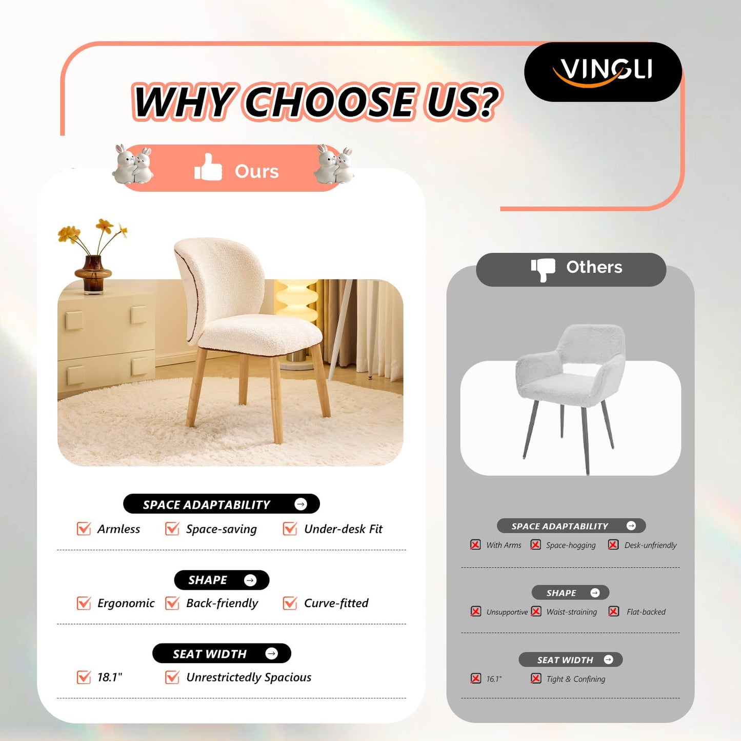 VINGLI Chenille Curved-Back Armless No Wheels Vanity Chair for Girls, Cute & Furry Upholstered Desk Chair with Solid Wood Legs for Study/Makeup/Bedroom/Dressing, Fluffy Makeup Chair for Teens, Beige