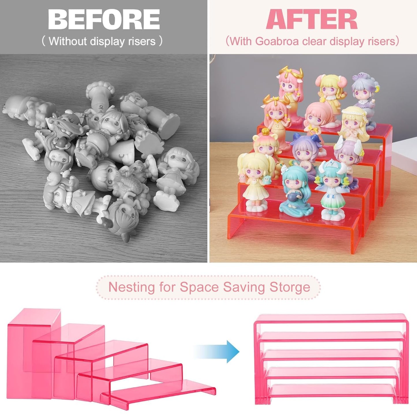 Goabroa Display Risers, 2 Sets 10 Pcs Perfume Stand Organizer, Rectangular Riser Shelves for Figures, Cupcake, perfume display, Wine Glass and Handbag display, Transparent Pink