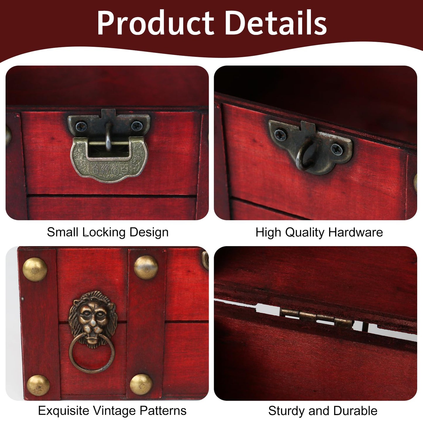HonyQiShuo Decorative Wood Treasure Chest Box with Small Metal Lock