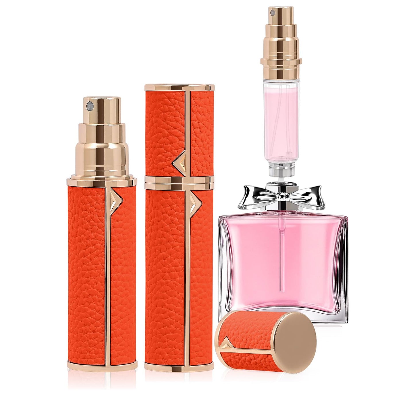 Coxotom Refillable Travel Perfume Bottle – Fine Mist Atomizer, Bottom Fill, Genuine Leather Shell, TSA Approved, For Daily Refresh & Travel (Orange, 5ml)