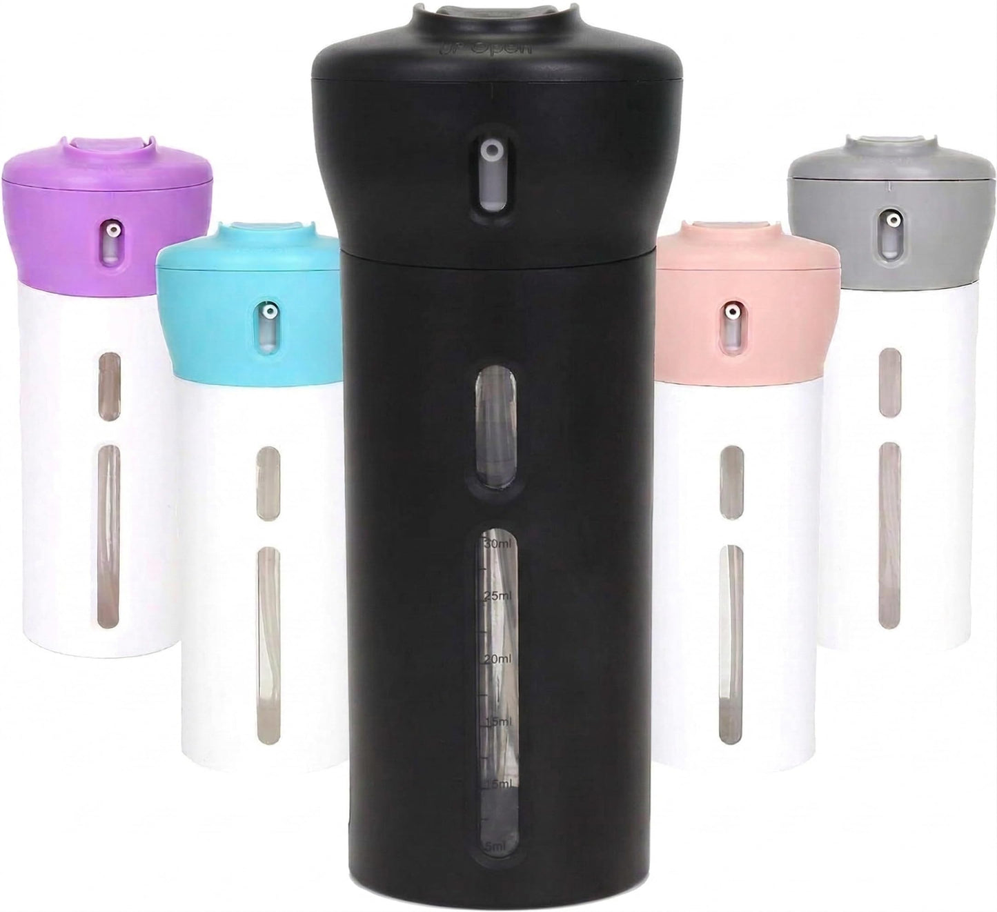 Travigo 4-in-1 Travel Dispenser Bottle, TSA Approved, Leak Proof, Four Reusable 1.4 oz. (40 mL) Toiletry Containers for Shampoo, Conditioner, Soap, Lotion, Skincare (Black)