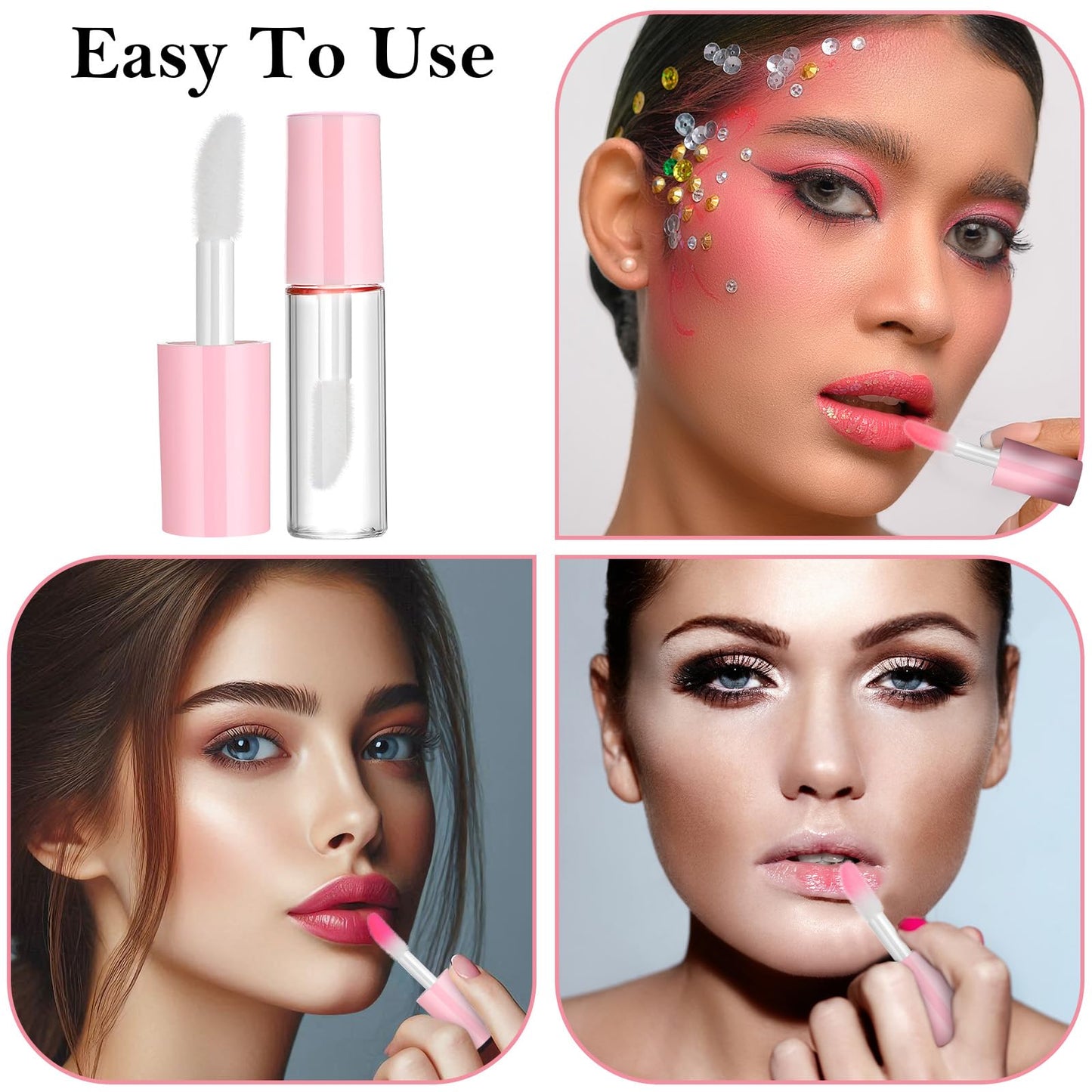 100PCS 1.2ML Clear Mini Lip Gloss Tube Bulk Empty Lipgloss Tubes with Wand and Rubber Insert for Different Samples Travel Split Charging DIY Makeup(Pink)