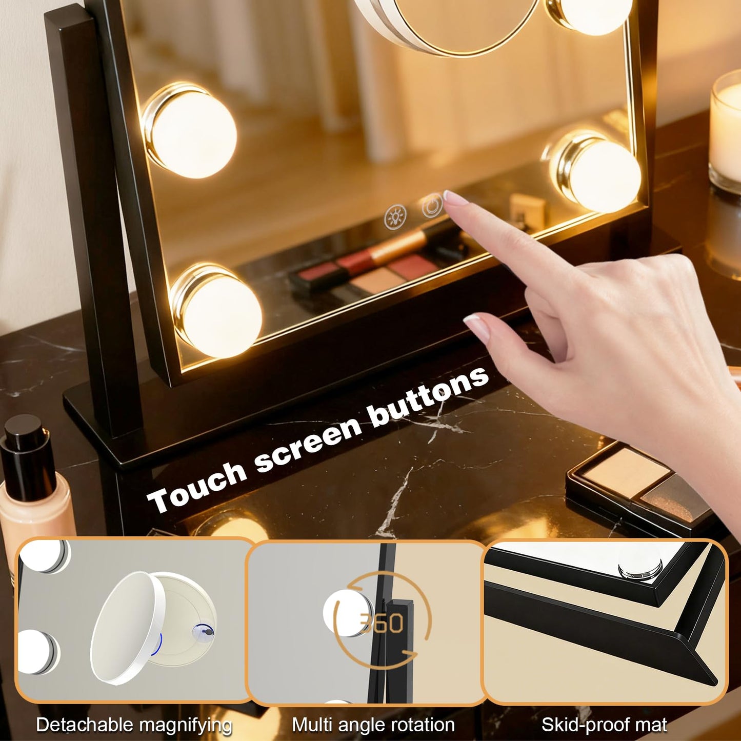 Vanity Mirror with Lights, Lighted Vanity Mirror with 9 Dimmable Bulbs for Dressing Room & Bedroom, 3 Color Lighting Modes, Detachable 10x Magnification 360°Ratation (Black)