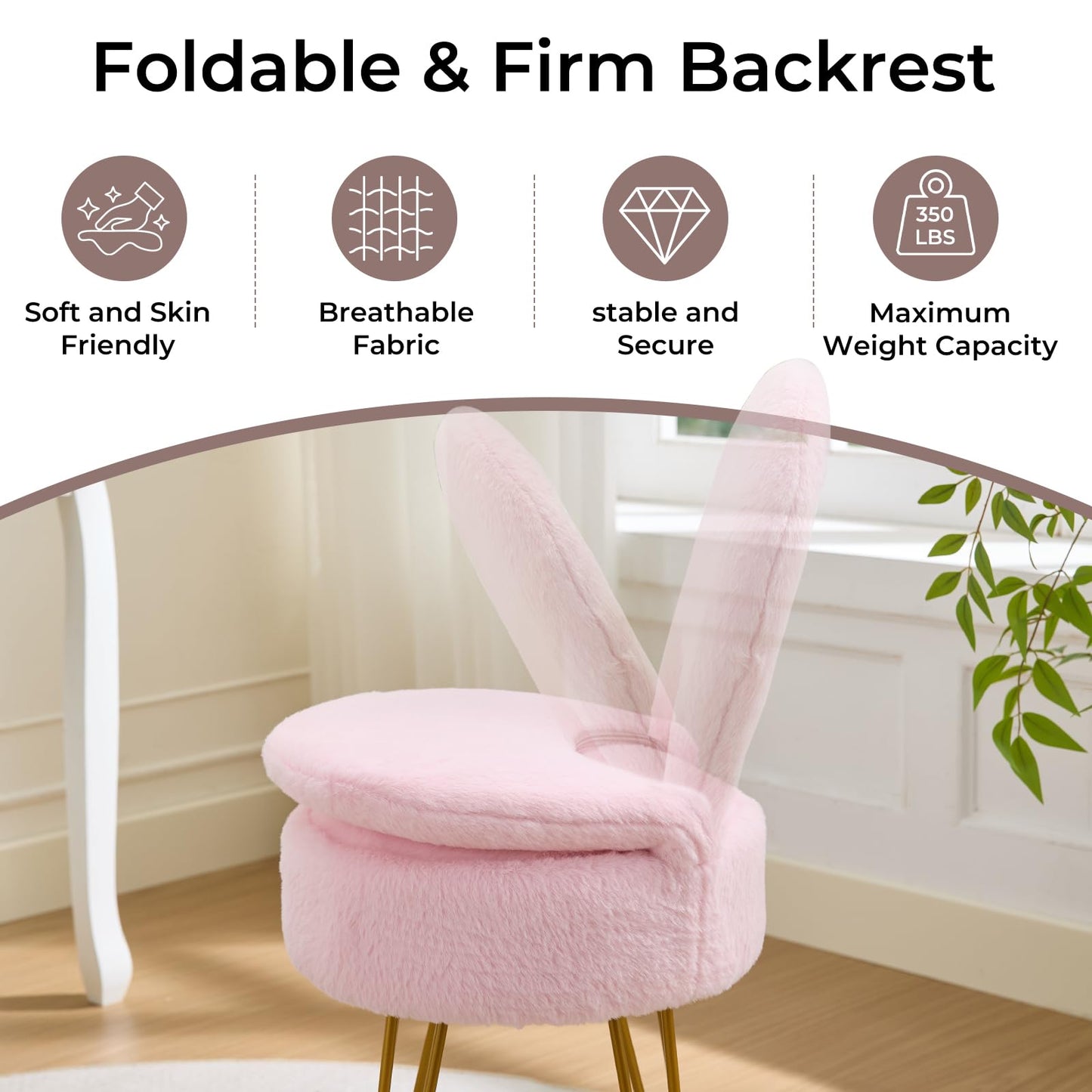 RUCUKEN Faux Fur Pink Small Vanity Chair & Stool - 13" Dx13 W Folding Back Storage Ottoman, Anti-Slip Golden V-Leg for Bedroom Makeup Room