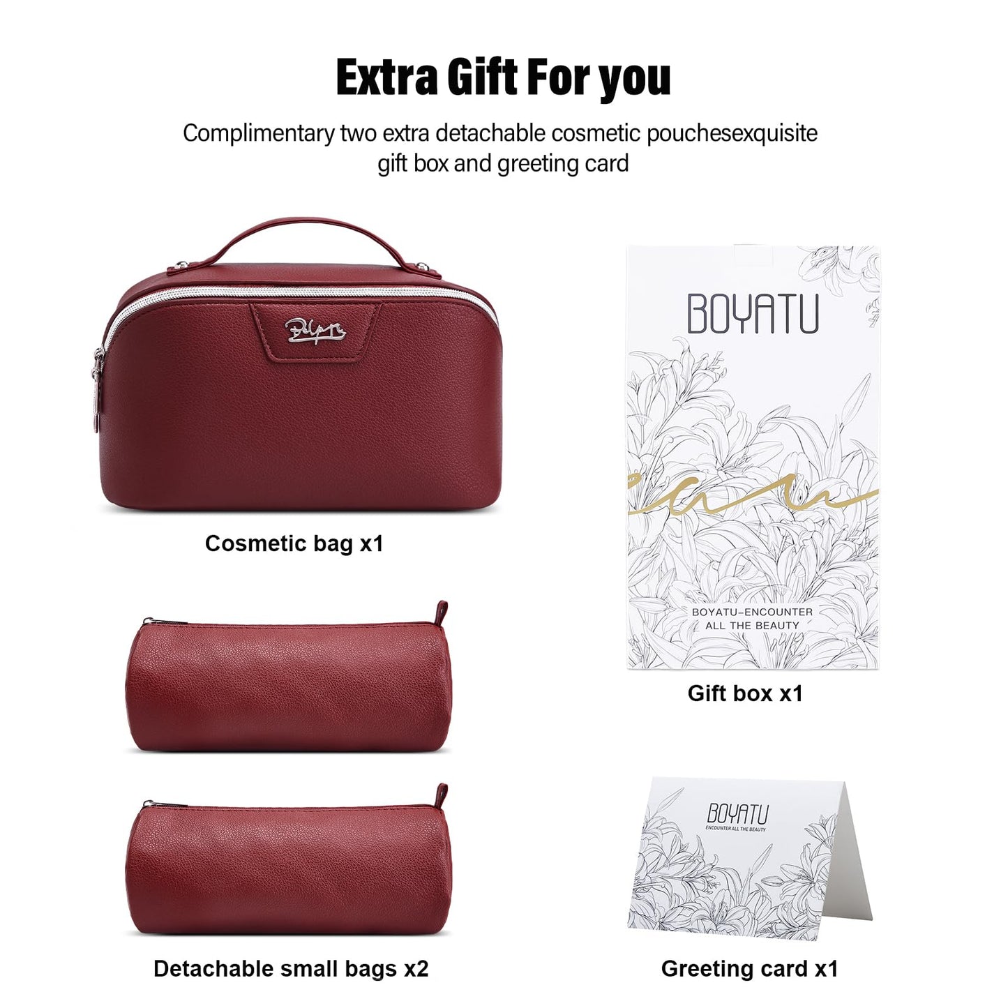 BOYATU Travel Makeup Bag Cosmetic Bags for Women: Large Capacity 3 Pcs Set Make up Bag with Compartments - Waterproof Vegan Leather Toiletry Organizer Bags with Handle (L29Red)