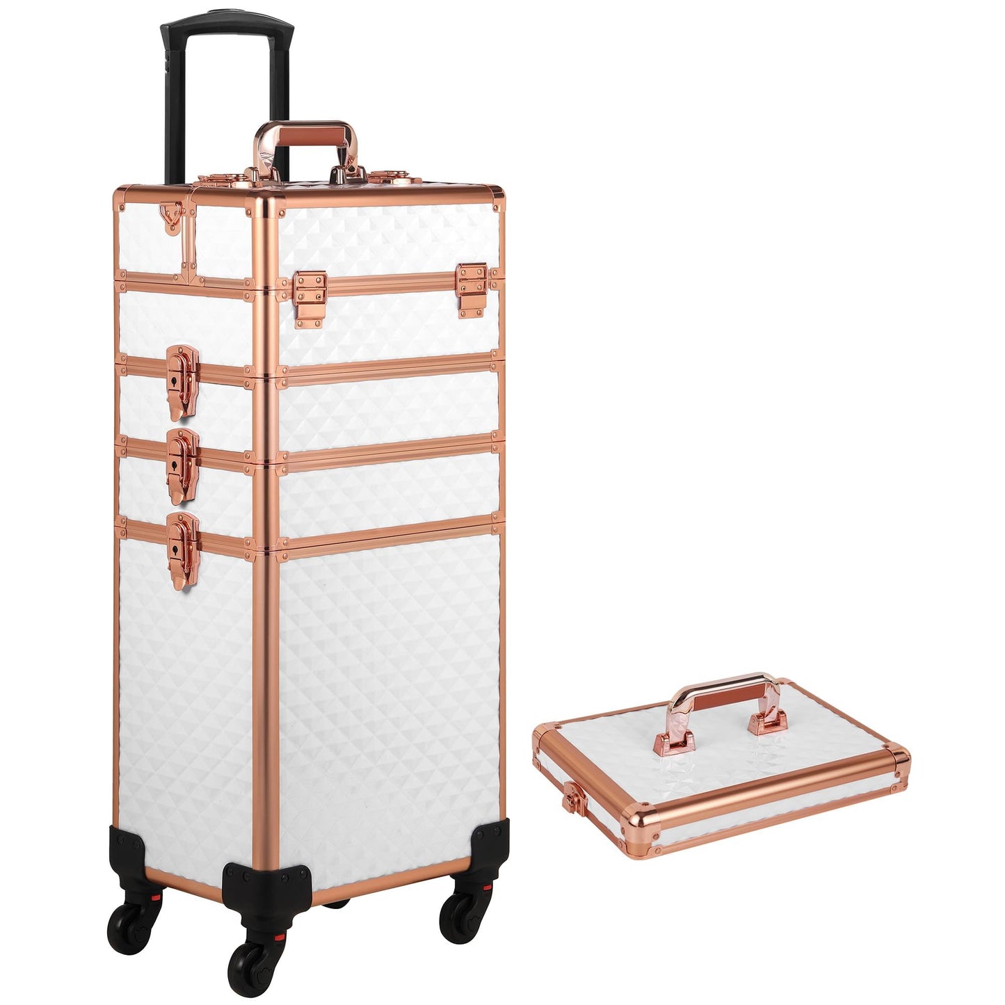 Somduy Rolling Makeup Case, Makeup Train Case with Lid, 5 in 1 Cosmetology Case on Wheels, Christmas Gift, Large Makeup Organizers, Profesional Cosmetic Case for Salon Barber, White Gold