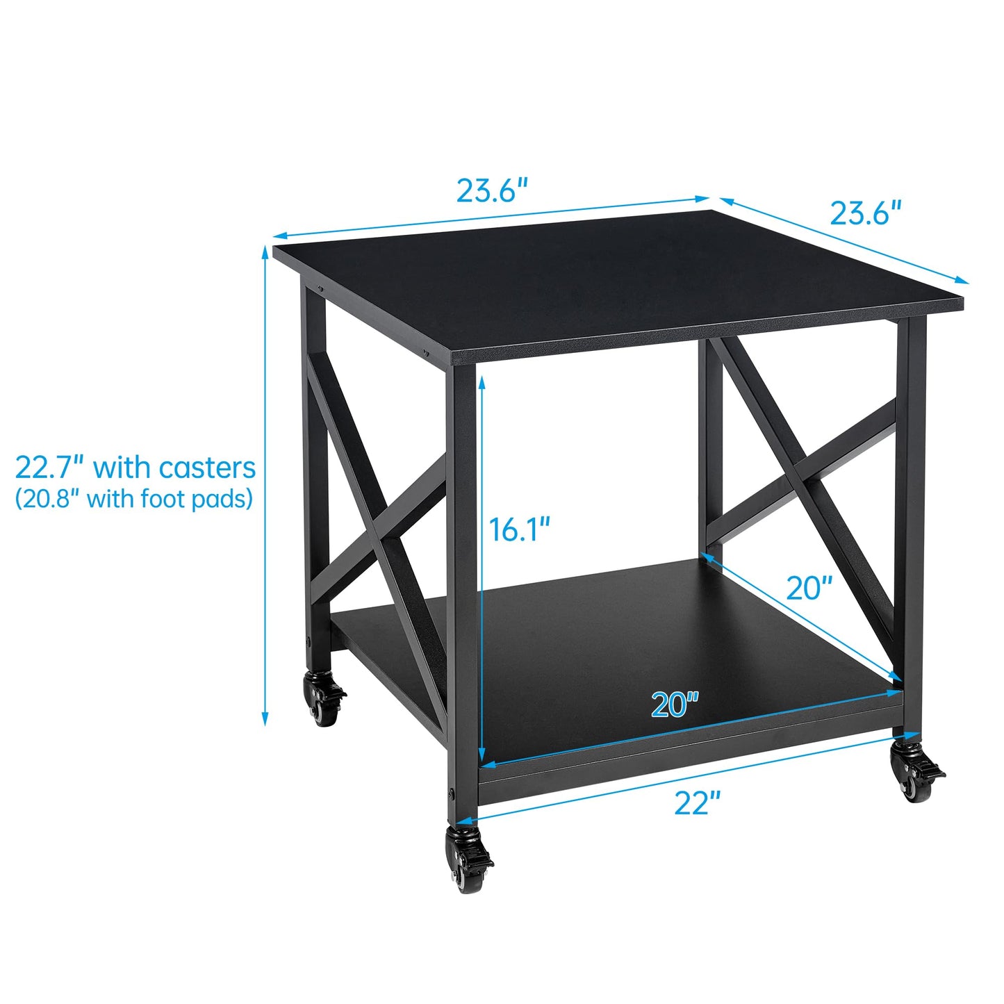 Fannova 2 Tier Large Printer Stand, 23.6 x 23.6 x 22.6 Inches Square Printer Table with Storage Shelf, Rolling Printer Cart with Industrial Wheels for Home Office, Mini Fridge Stand Table - Black