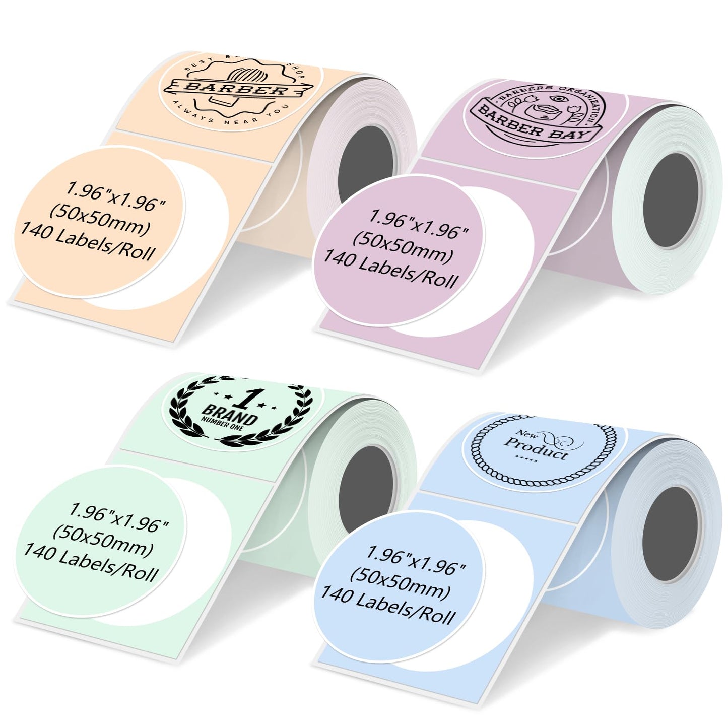 4 Rolls Round Circle Thermal Label Compatible for Phomemo M100/M110/M150/M221/M220/M120/M200/M250 Label Printer,1.96" x 1.96"（50x50 mm, 140 Labels/Roll Black on Pink & Blue & Khaki & Green