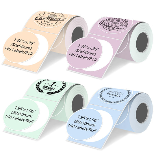 4 Rolls Round Circle Thermal Label Compatible for Phomemo M100/M110/M150/M221/M220/M120/M200/M250 Label Printer,1.96" x 1.96"（50x50 mm, 140 Labels/Roll Black on Pink & Blue & Khaki & Green