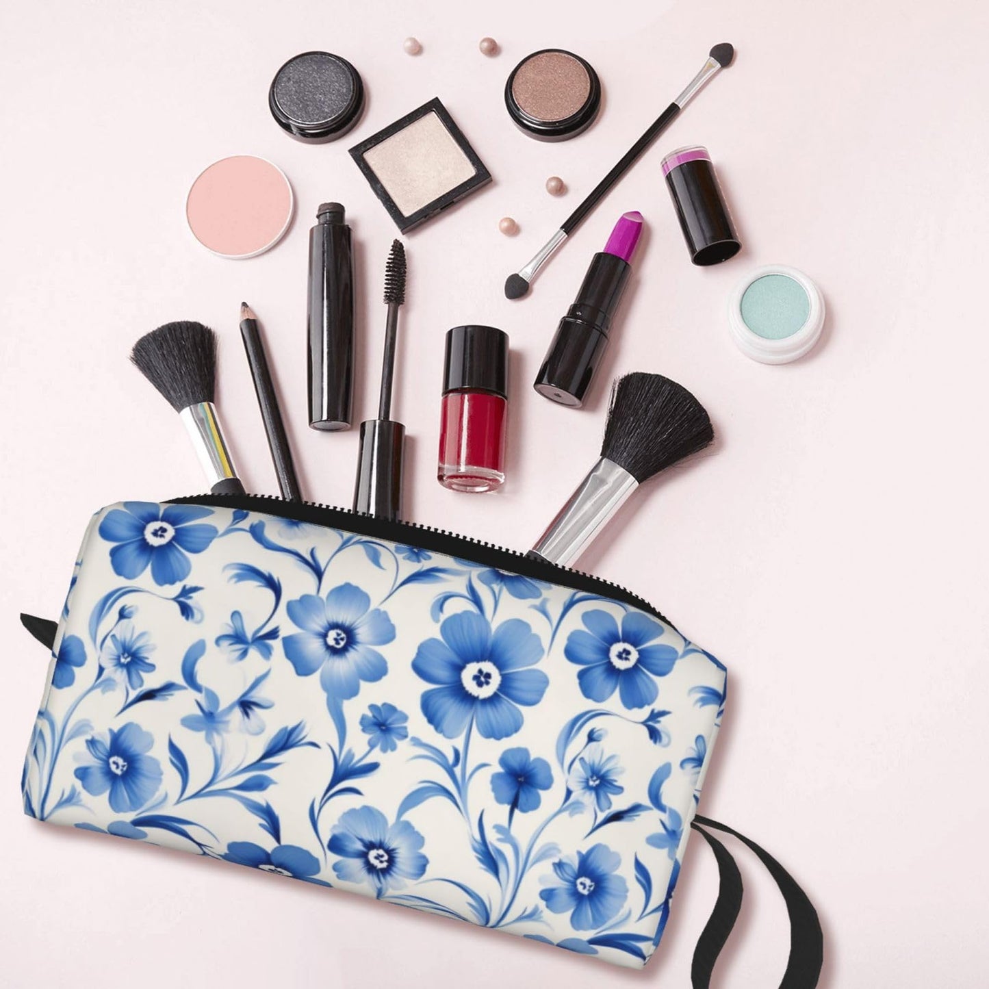 OLUSENMO Blue Elegant Flower Makeup Bag Small Compact & Durable Travel Cosmetic Bag Organizer Oxford Fabric Multi-Purpose Storage Perfect for Travel, Gym, Daily Use