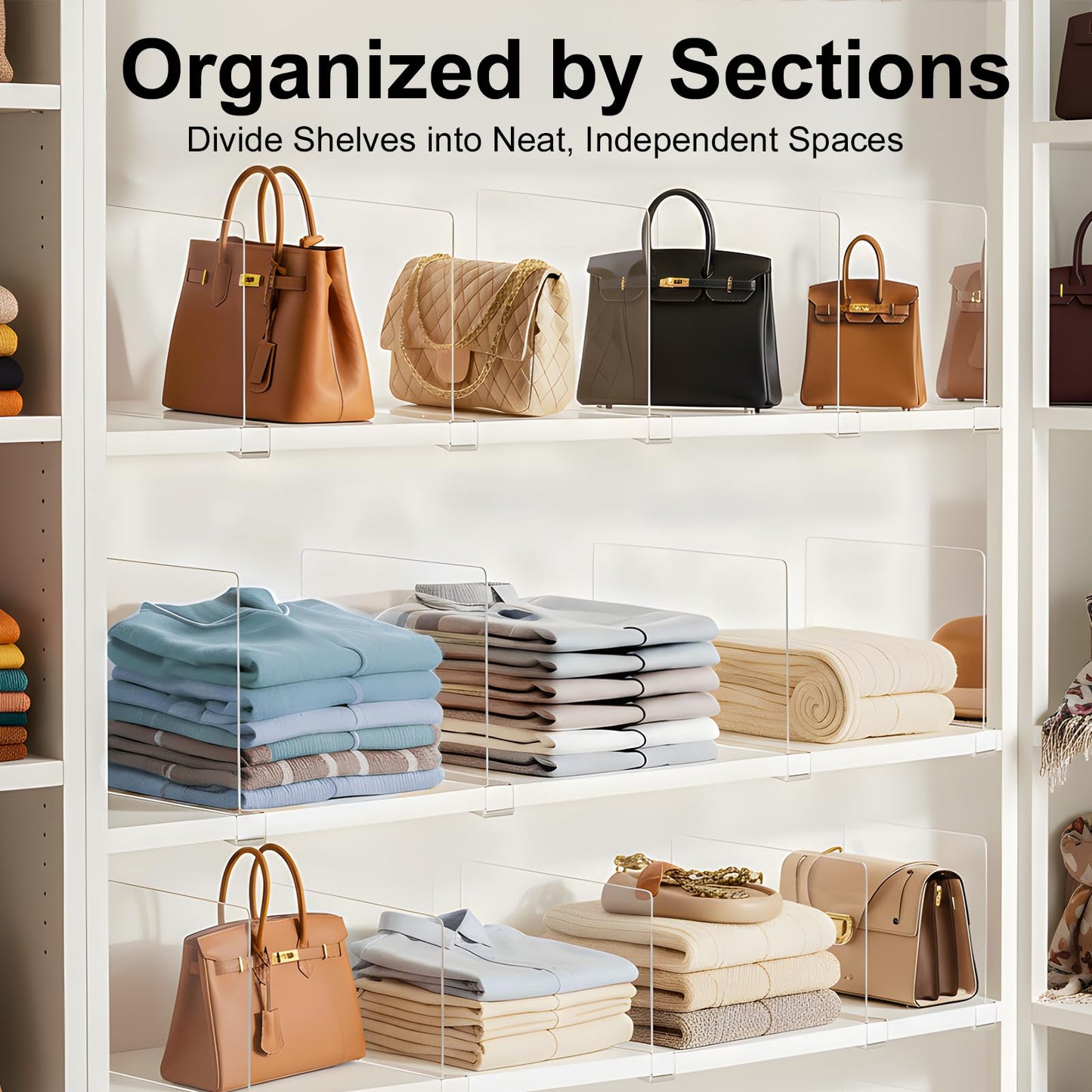 Saccik Purse Organizer for Closet Shelf Dividers: 8-Pack Adjustable Clear Acrylic Bag Storage Organizer for Handbags, Sweaters, Towels, Jeans and Shoes on Wood Shelves