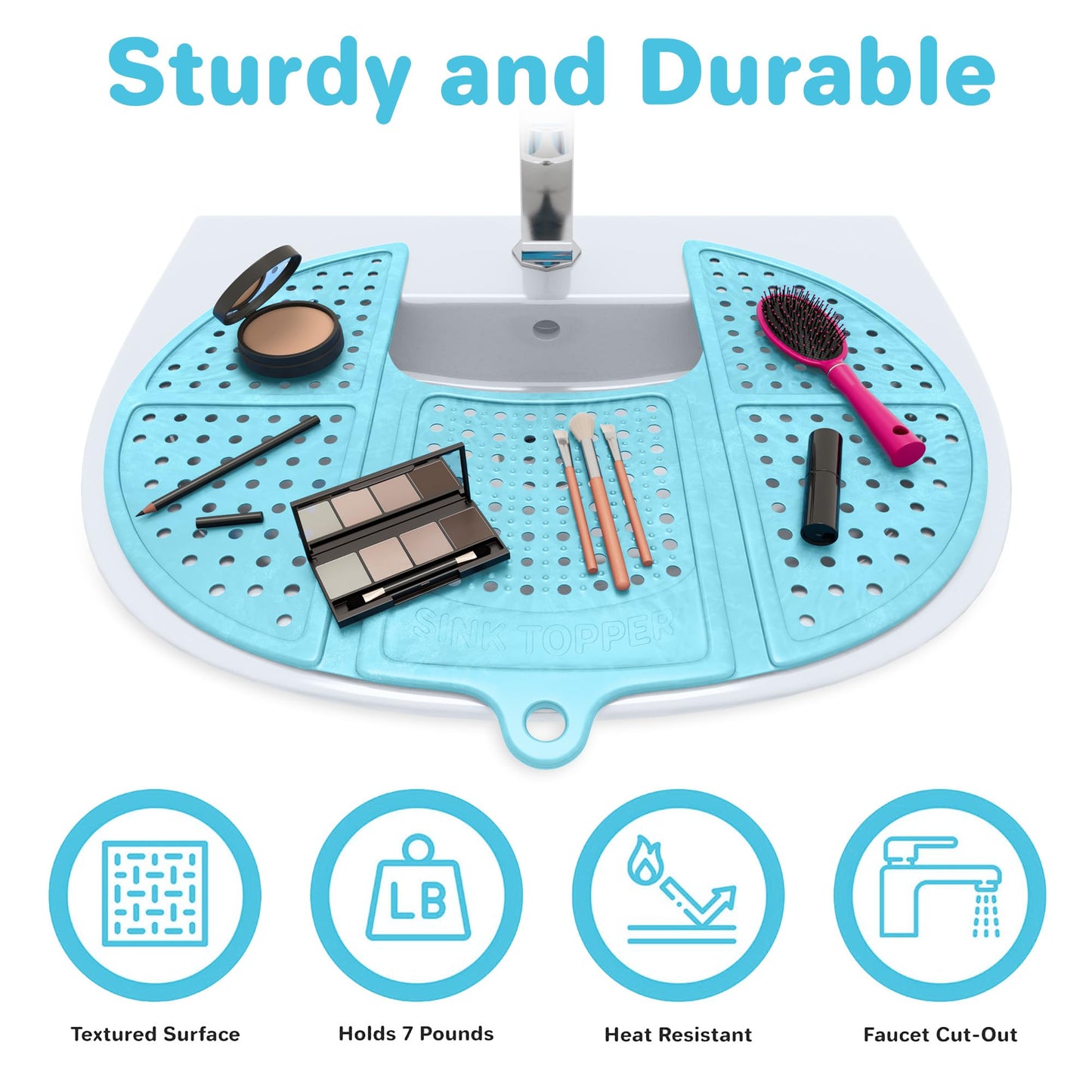 Sink Topper Bathroom Counter Cover & Storage Saver, Foldable Mat for Hot Tools, Hair Styling & Makeup, Beauty Brush Cleaning Mat, RV Camper Sink Cover & for Small Spaces (Standard Pacific Blue)