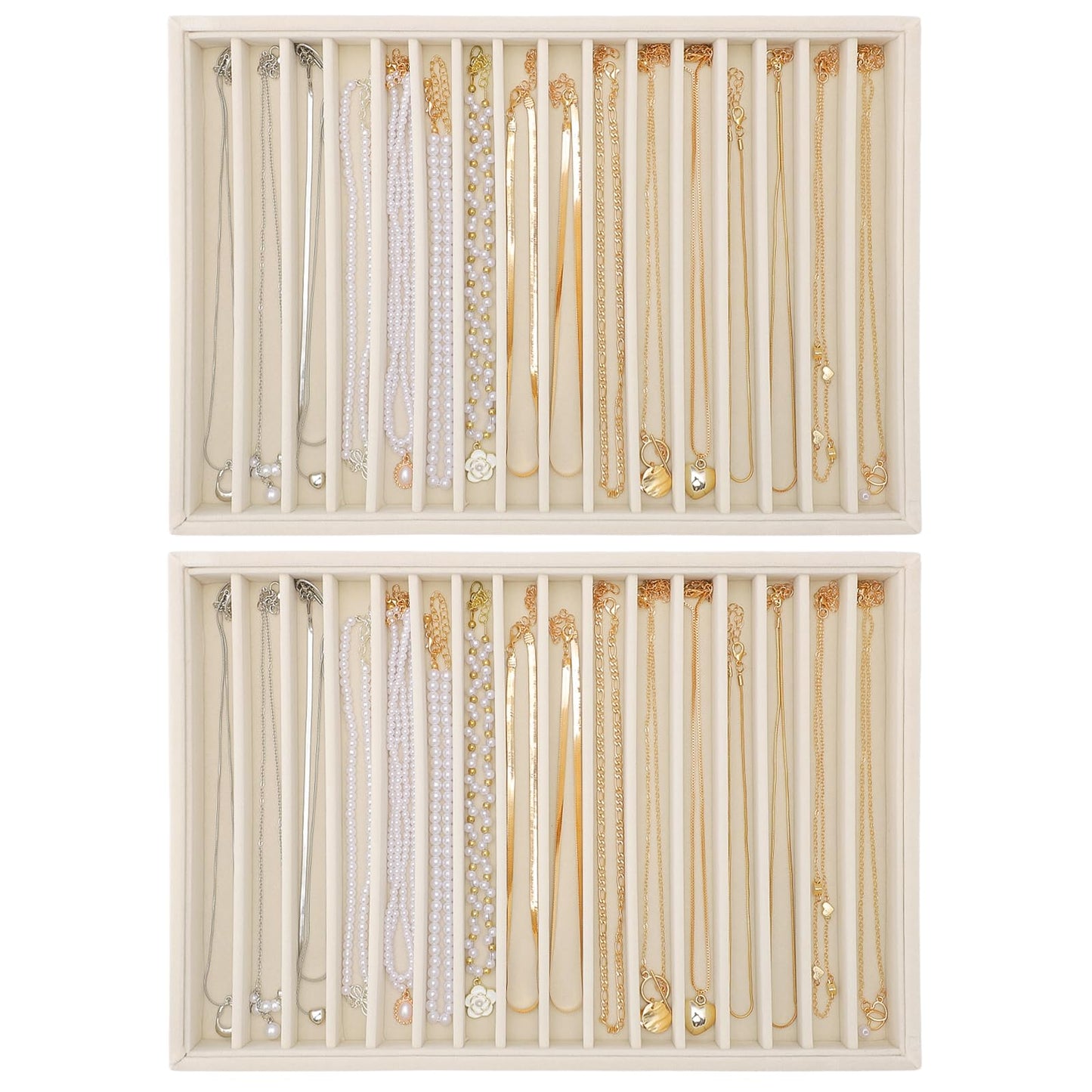 Ewen 2 Pack 16-Grid Stackable Jewelry Organizers and Storage Trays, Large Jewelry Organizer Drawers Inserts, 13.78x9.45x1.18in Beige Velvet Necklace Holder Display Case for Earrings Rings Organization