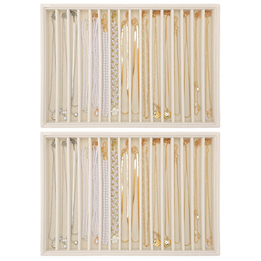 Ewen 2 Pack 16-Grid Stackable Jewelry Organizers and Storage Trays, Large Jewelry Organizer Drawers Inserts, 13.78x9.45x1.18in Beige Velvet Necklace Holder Display Case for Earrings Rings Organization