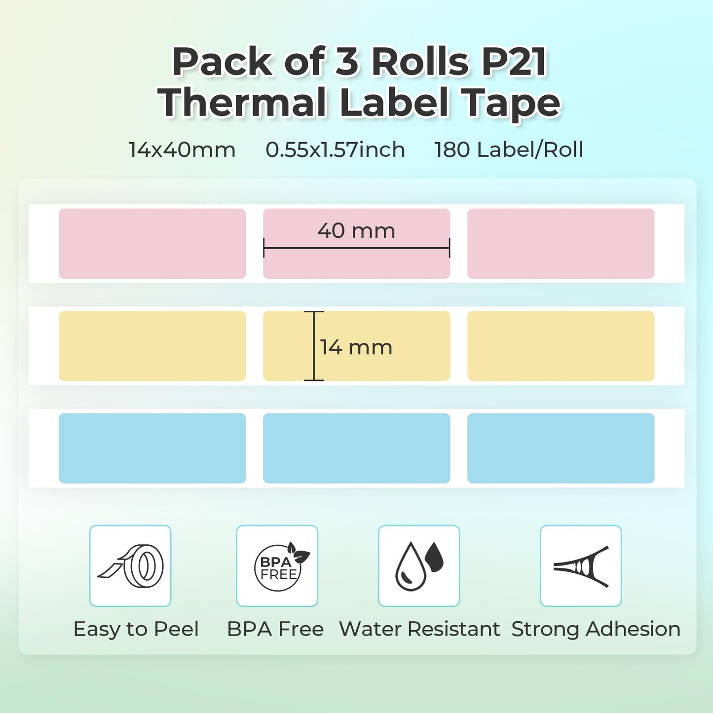 NELKO Genuine P21 Label Maker Tape, Adapted Label Print Paper, 14x40mm (0.55"x1.57"), Standard Laminated Office Labeling Tape Replacement, Multipurpose of P21, 180 Tapes/Roll, 3-Roll, Blue/Yellow/Pink