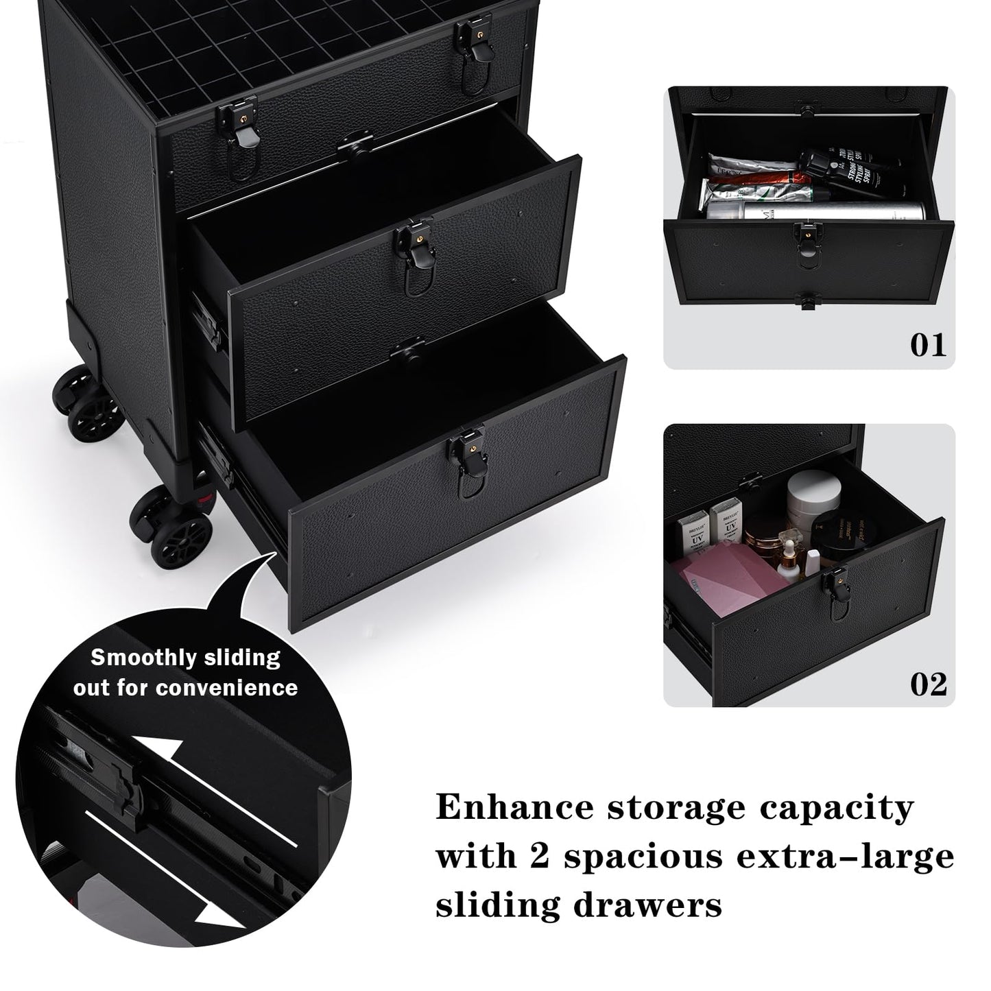Faquenc Rolling Makeup Train Case with 2 Extra Large Drawers Nail Organizer Case with Wheels Traveling Cosmetology Case with Makeup Pouch for Mobile Stylist Artists Nail Salon Cart Trunk Black