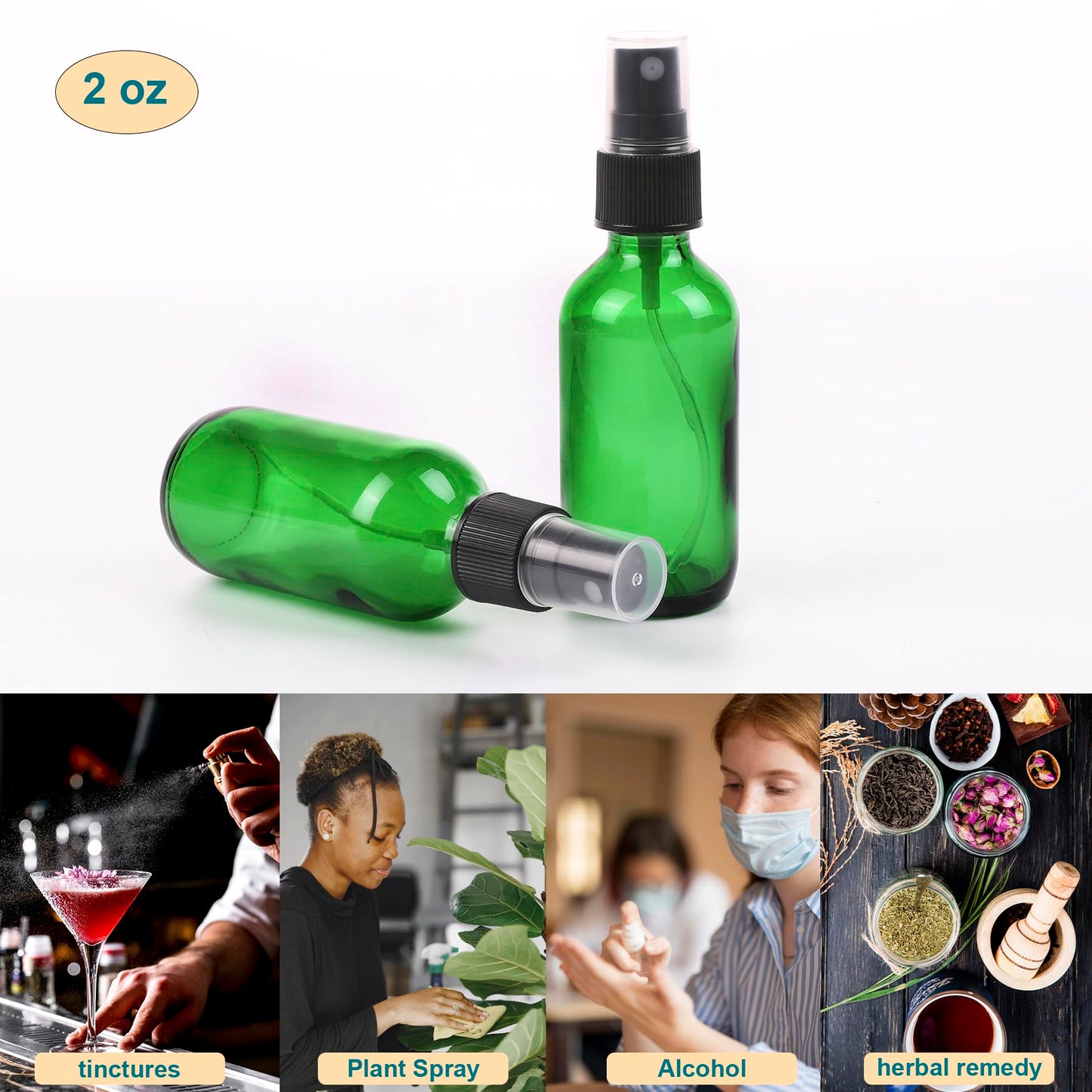 NOOEEISS Green Glass Small Spray Bottle 2 oz 24 Packs,Fine Mist Sprayer Small Clear Bottles,Refillable Containers mini spray bottles for Cleaning Solutions and Skin Care (Green 24pcs)