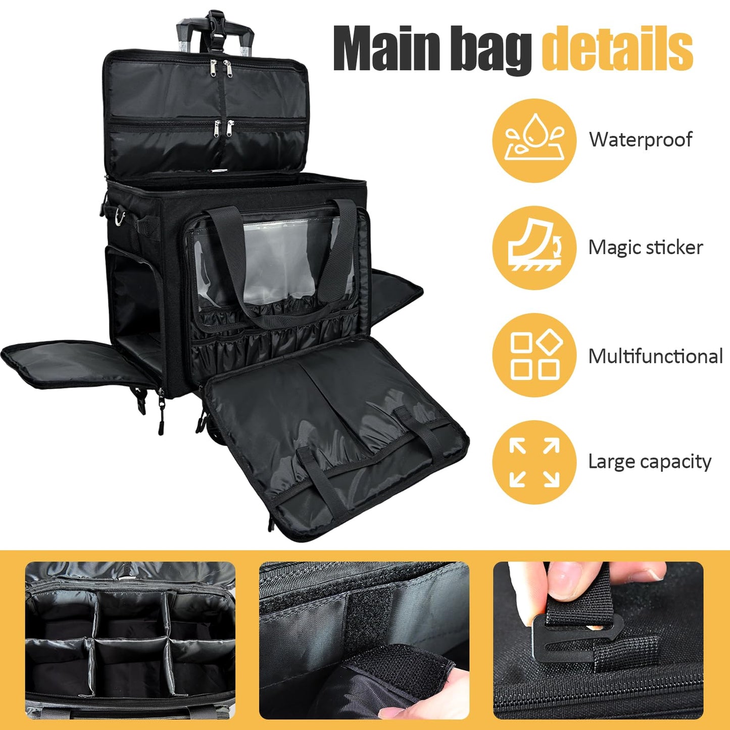 BatlFrist Rolling Makeup Train Case Rolling Cosmetic BagRolling Medicine Bag with 4 Removable Bags, with Brushes Storage Section. with Detachable Dividers (Patent Design)(Black)