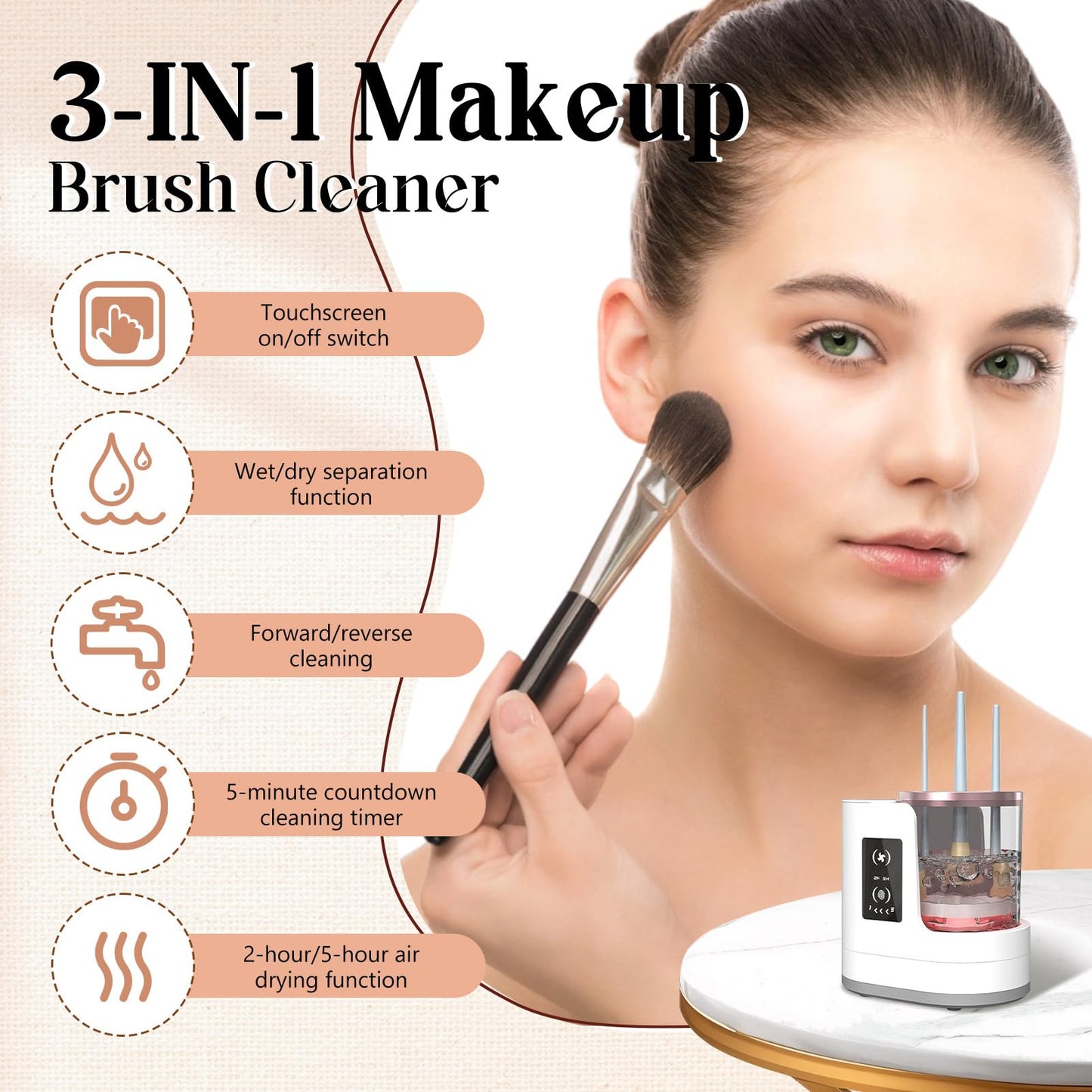 3-in-1 Electric Makeup Brush Cleaner Machine, Automatic Make Up Brushes Dryer, Portable Cosmetic Brushes Cleaner Tool for All Size Beauty Makeup Brush